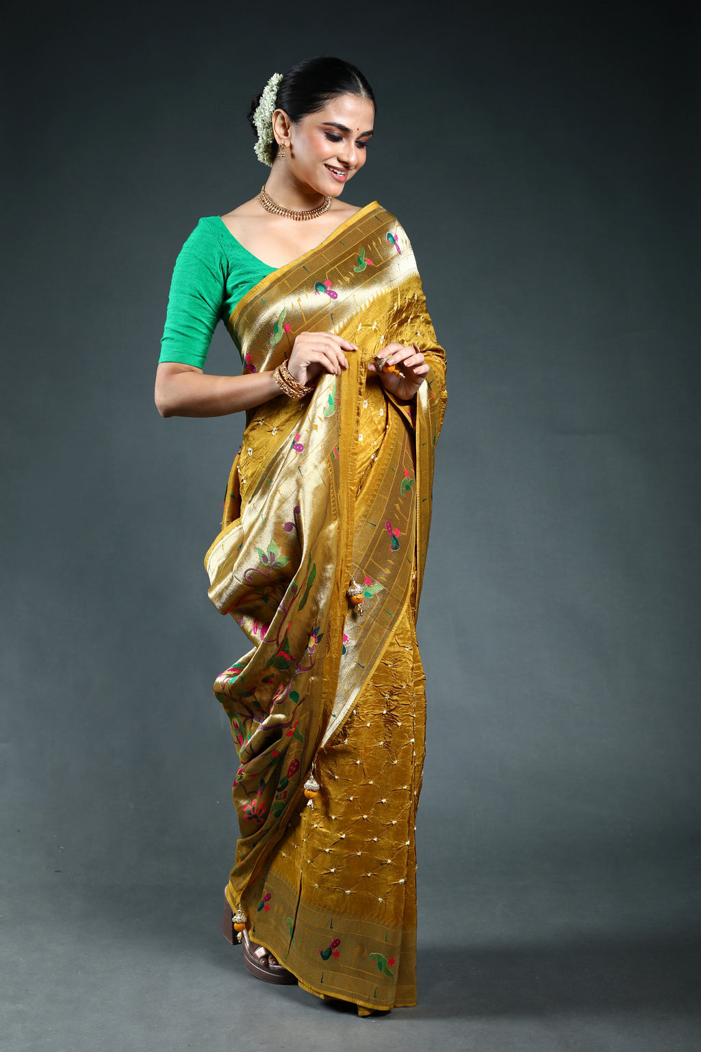 Mustard Semi Silk paithani Saree with Blouse Piece