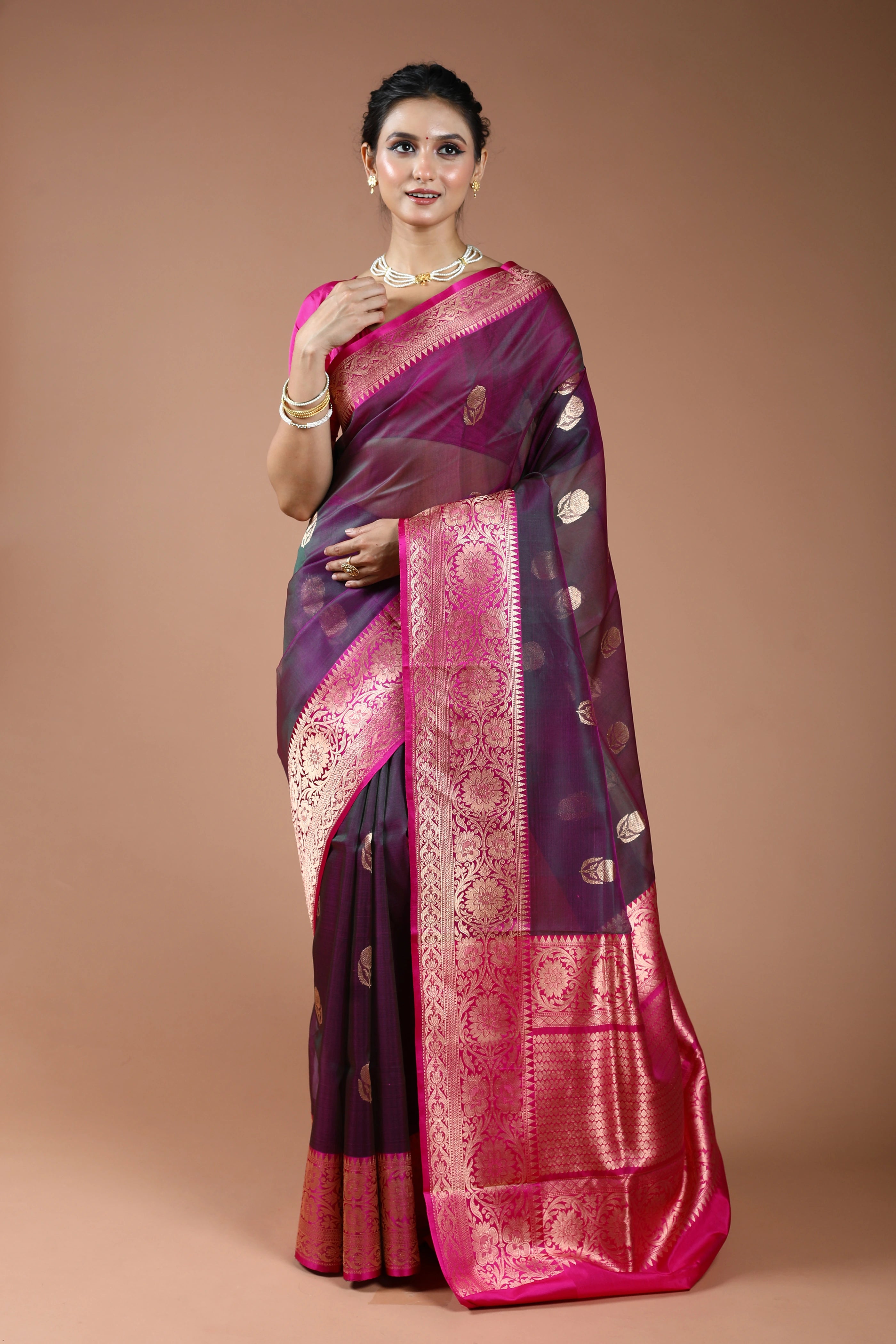 Deep Magenda Pure Kora Banarasi With Katan Border Saree With Blouse Piece