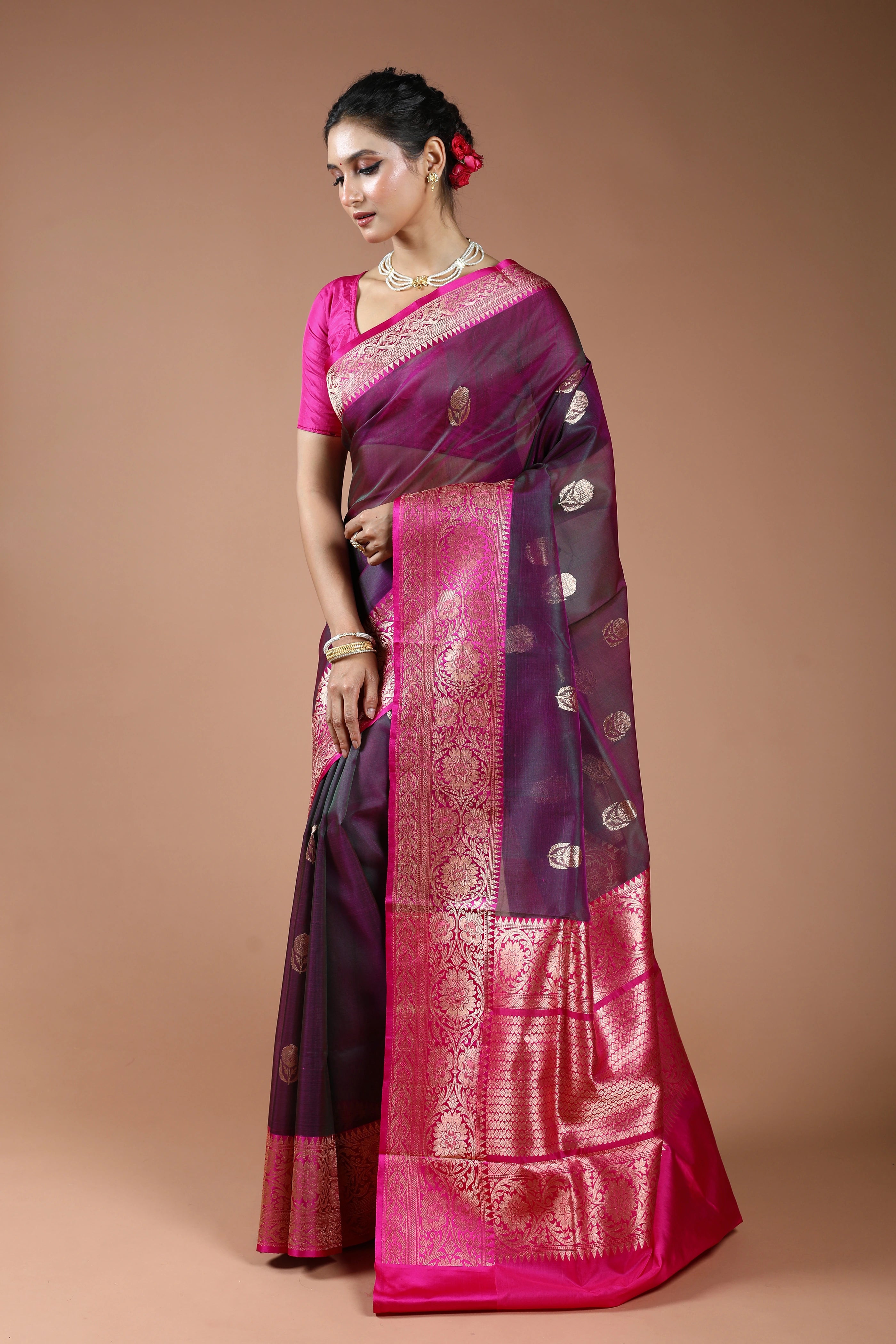 Deep Magenda Pure Kora Banarasi With Katan Border Saree With Blouse Piece