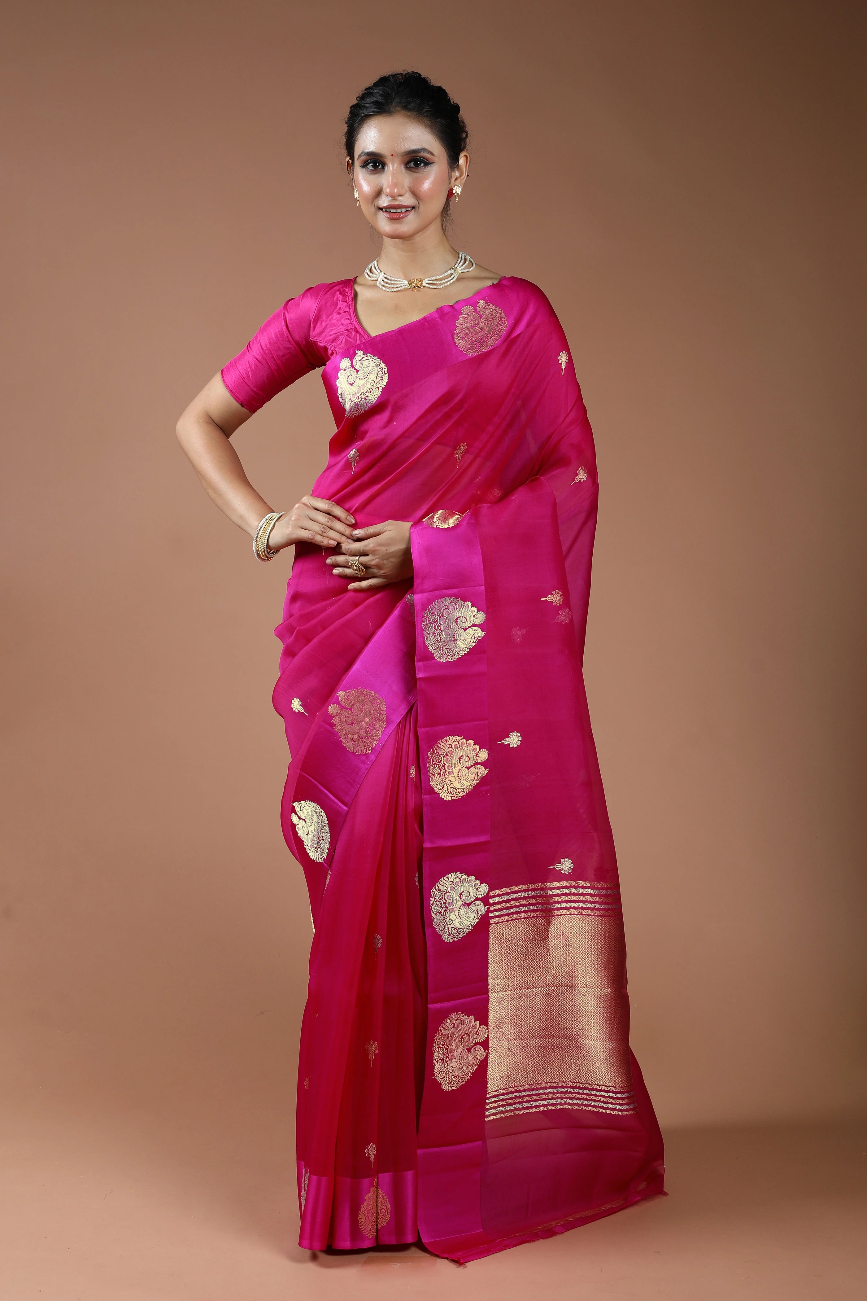 Rani Pure Kora Banarasi With Satin Border Saree With Blouse Piece