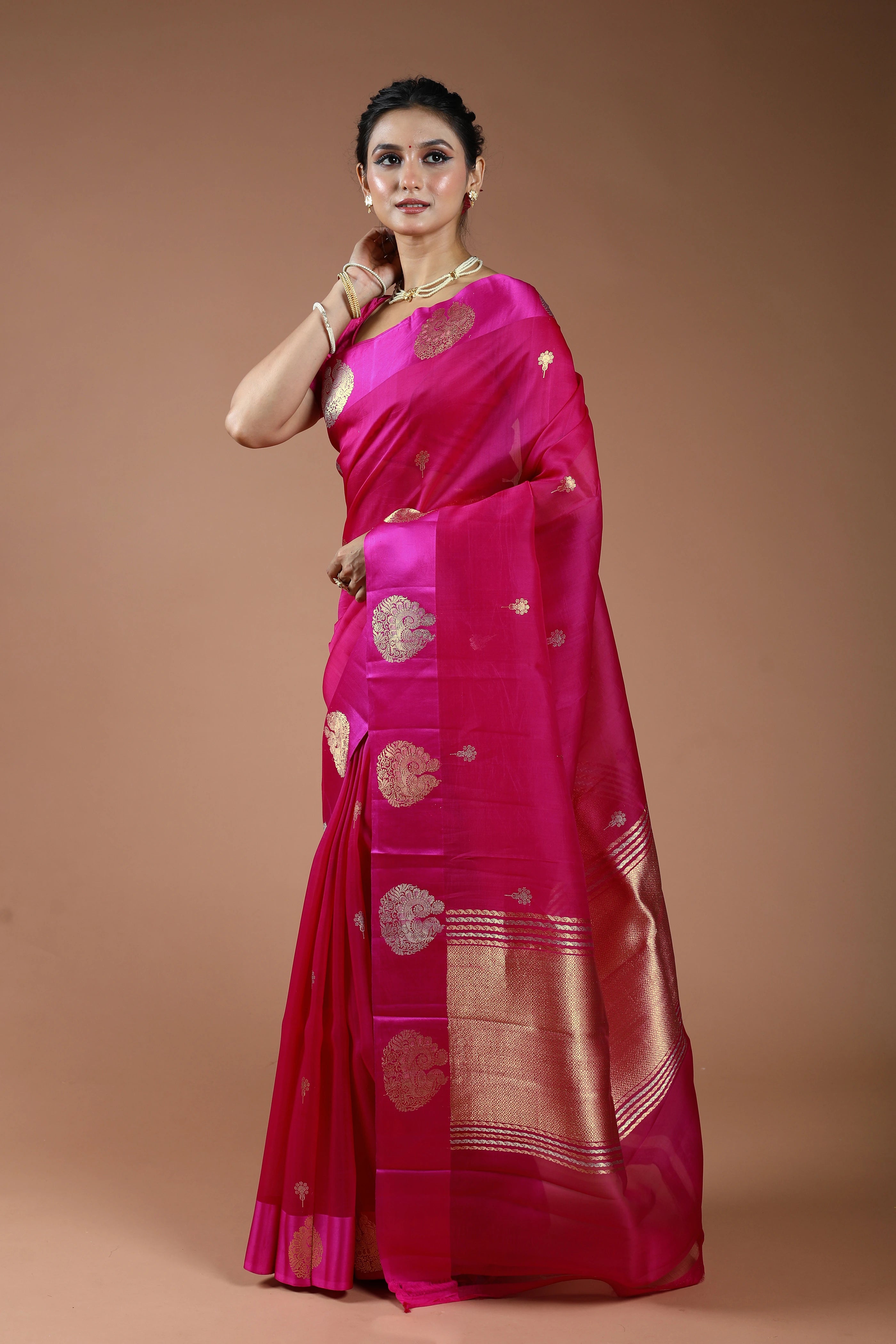 Rani Pure Kora Banarasi With Satin Border Saree With Blouse Piece