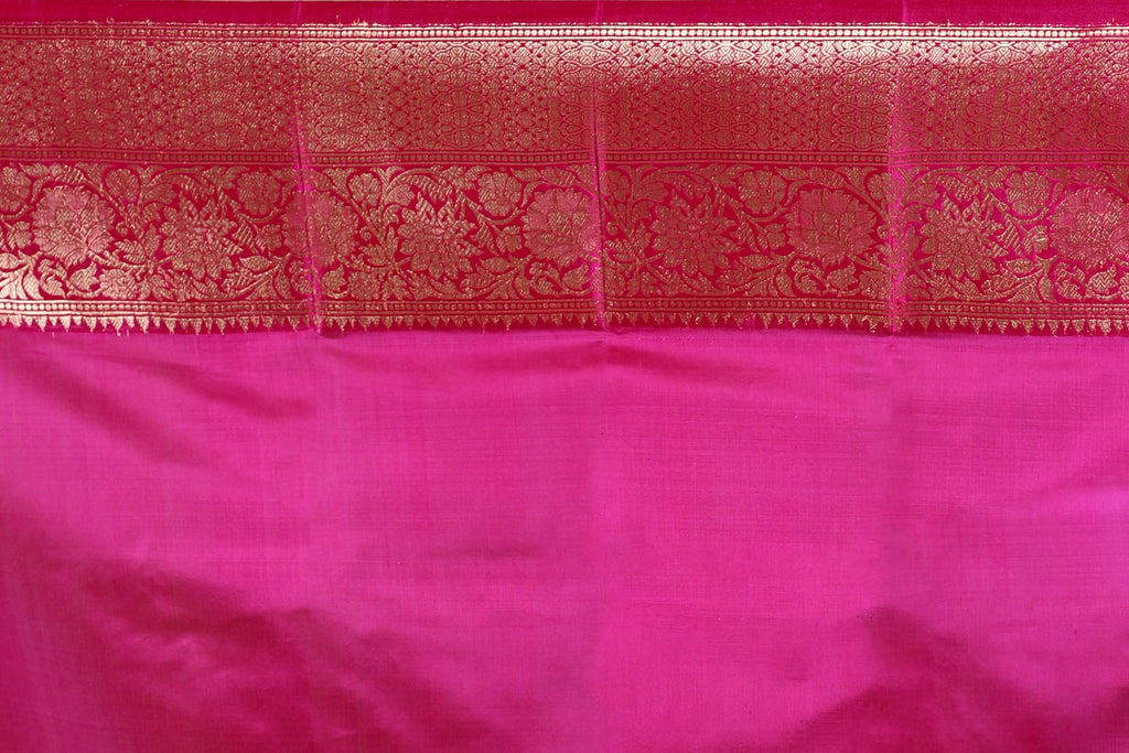 Fuchsia Pink Pure Kora Banarasi With Katan Border Saree With Blouse Piece