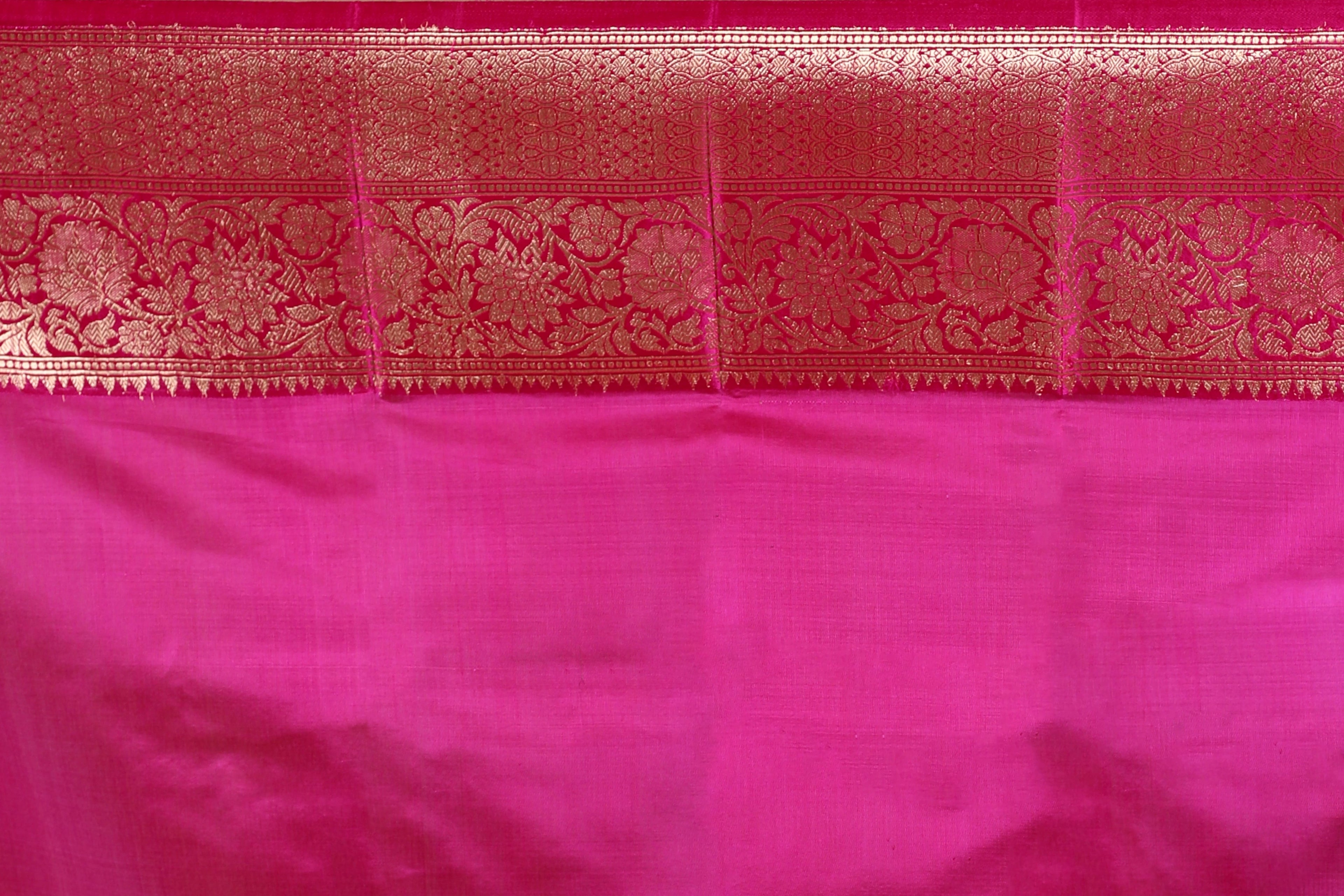 Fuchsia Pink Pure Kora Banarasi With Katan Border Saree With Blouse Piece