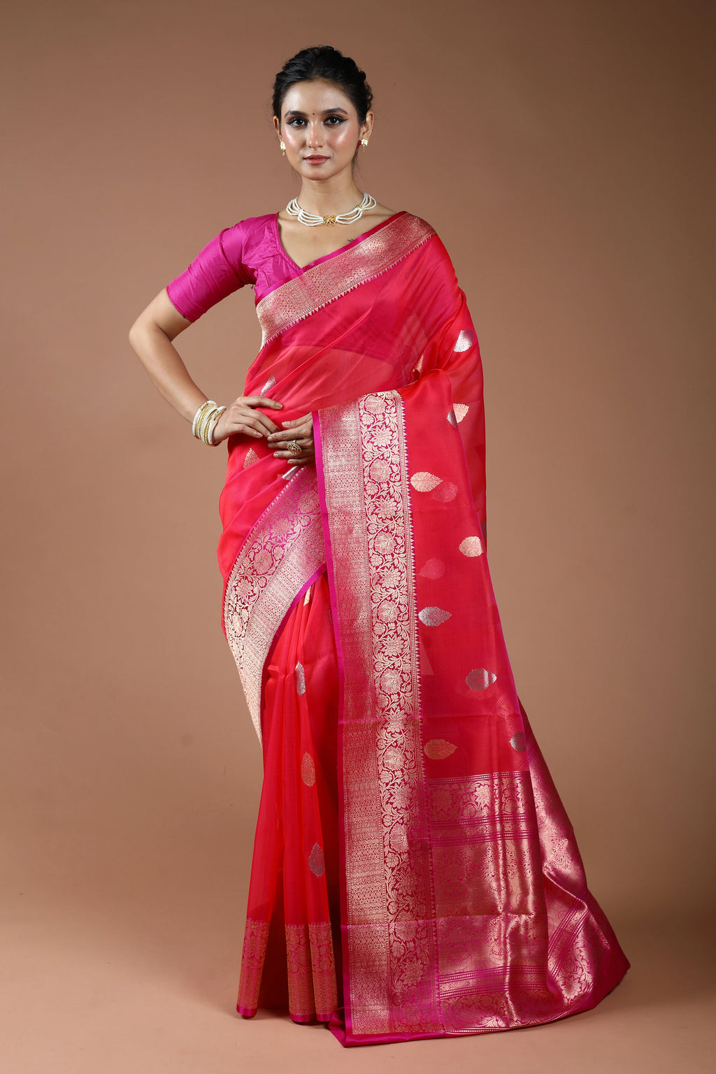 Fuchsia Pink Pure Kora Banarasi With Katan Border Saree With Blouse Piece