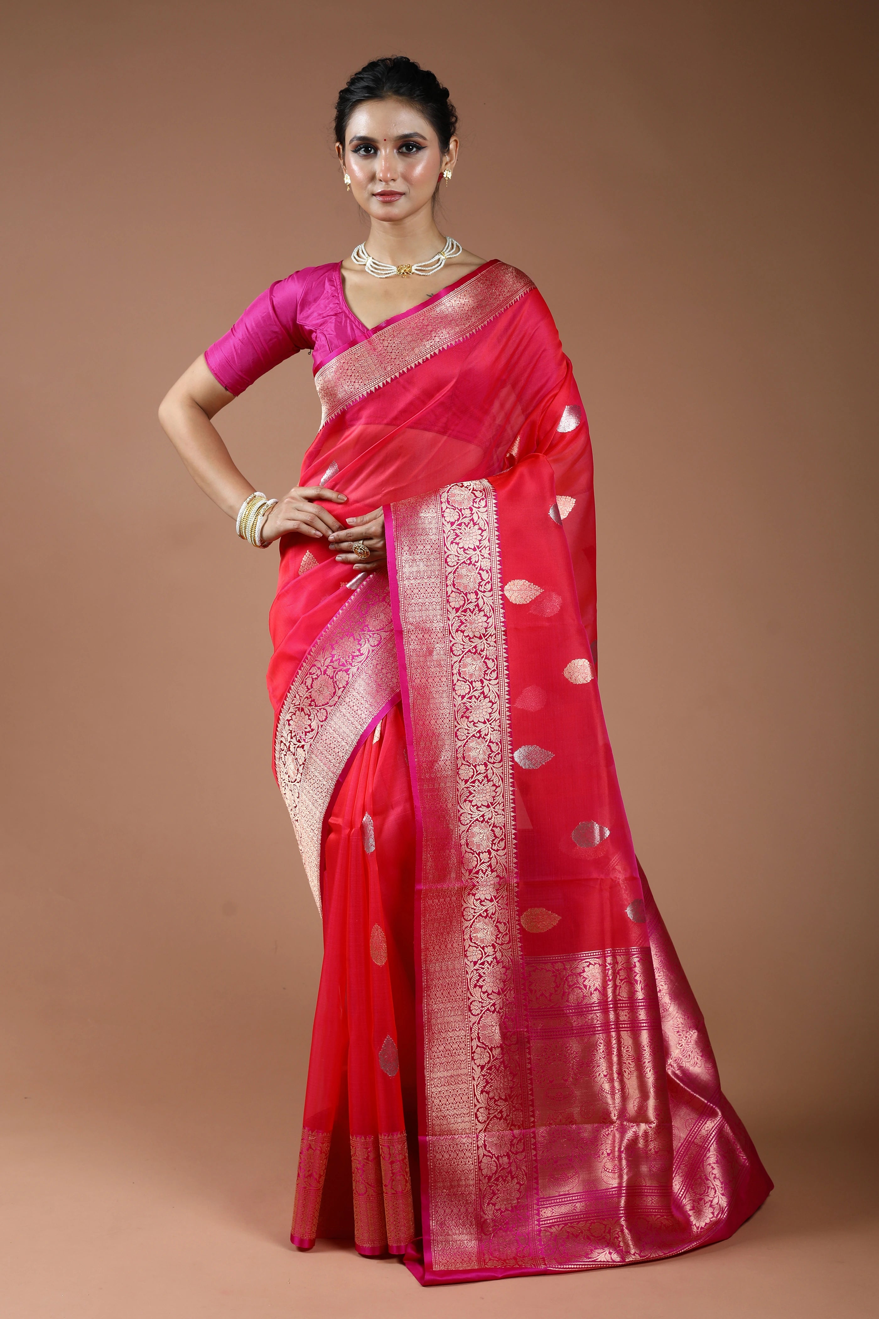 Fuchsia Pink Pure Kora Banarasi With Katan Border Saree With Blouse Piece