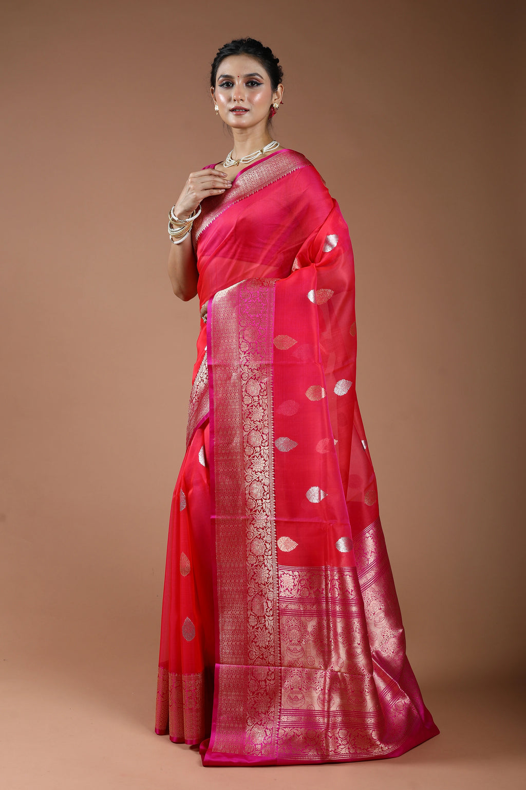 Fuchsia Pink Pure Kora Banarasi With Katan Border Saree With Blouse Piece