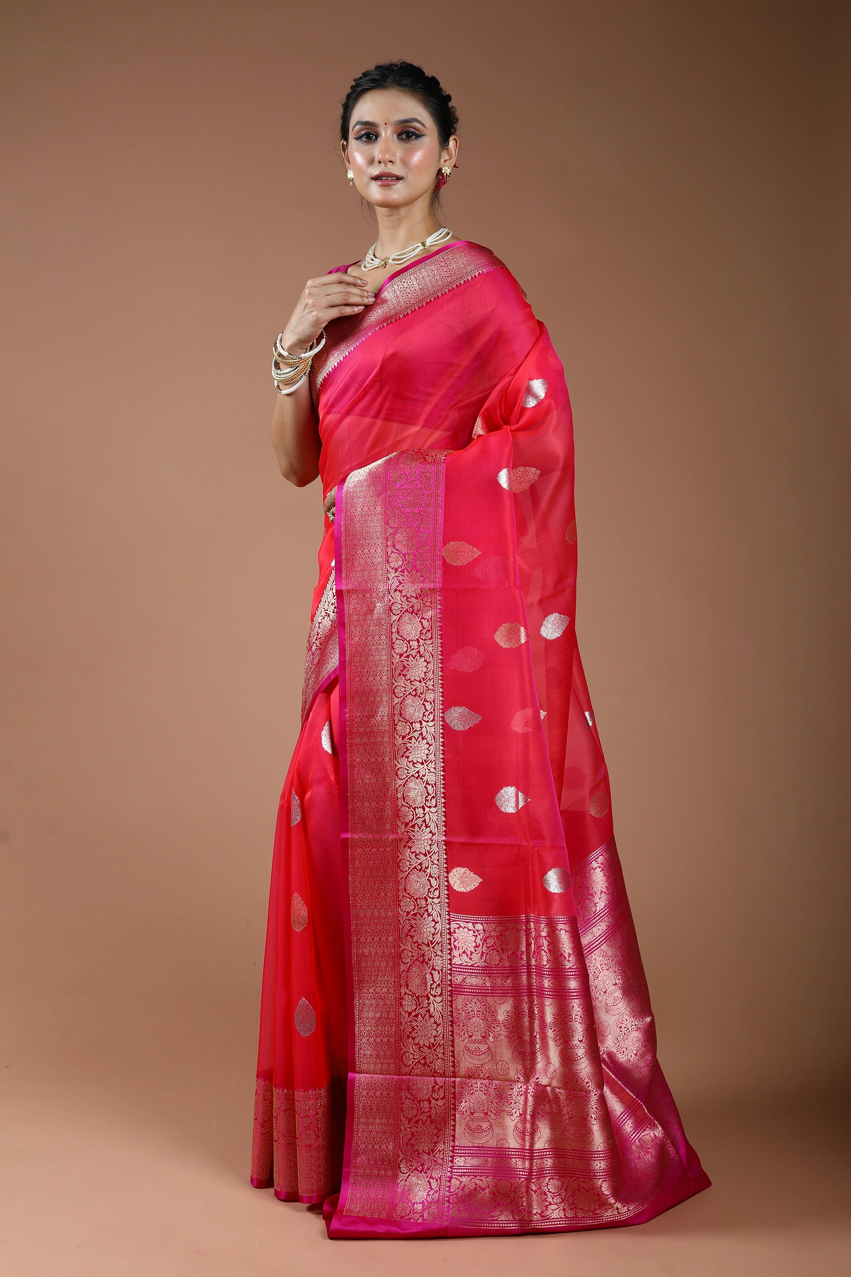 Fuchsia Pink Pure Kora Banarasi With Katan Border Saree With Blouse Piece