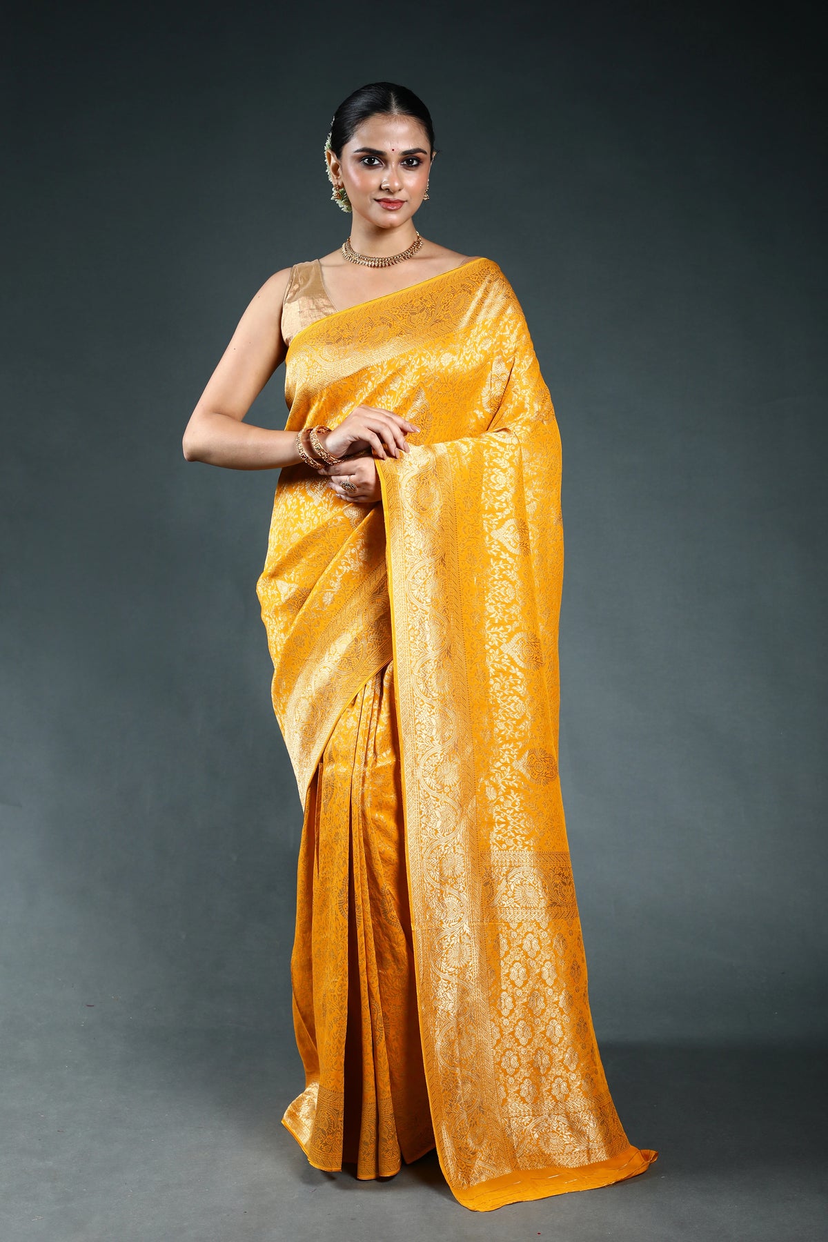 Mango Yellow Semi Georgette Saree with Blouse Piece