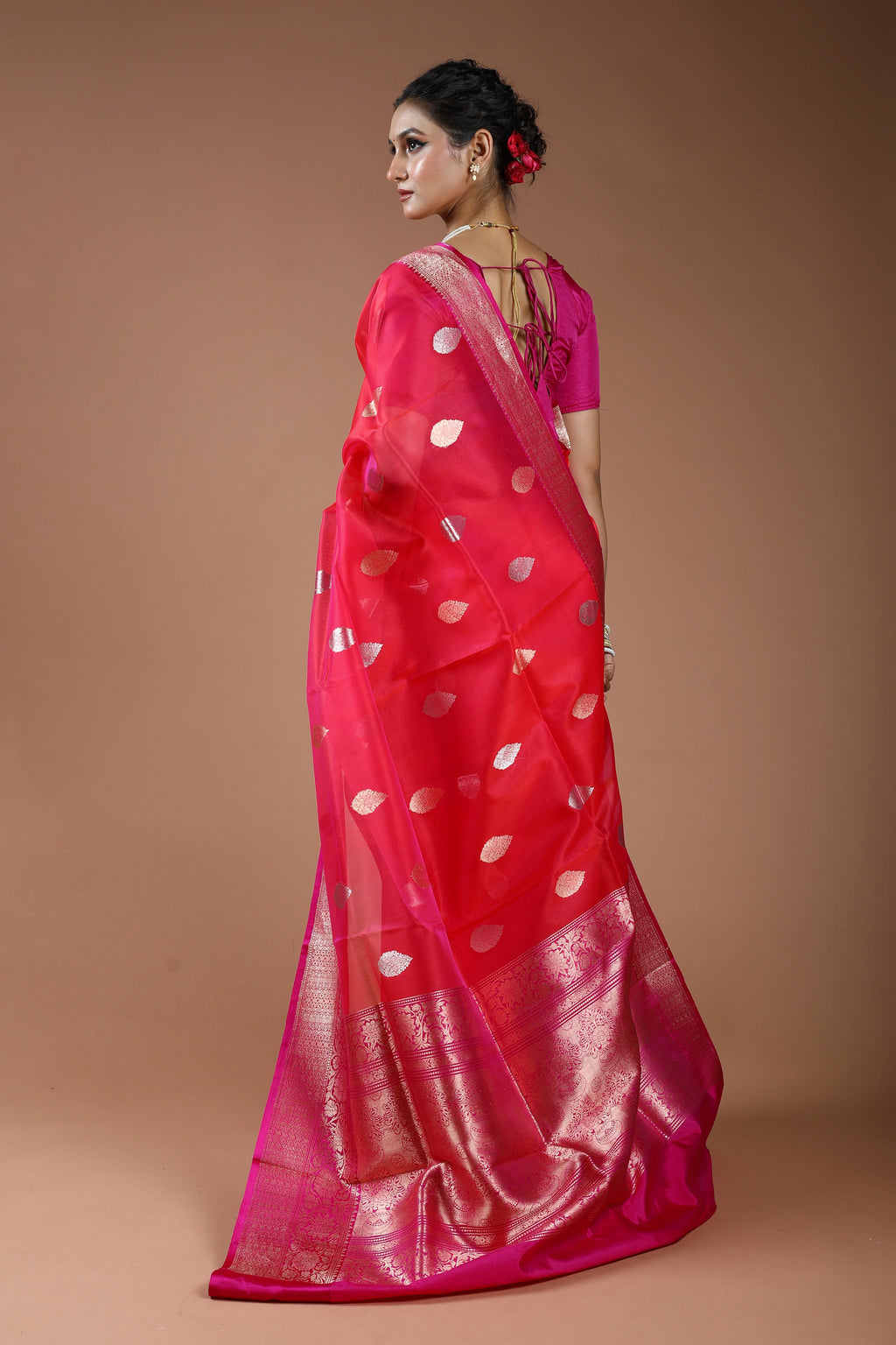 Fuchsia Pink Pure Kora Banarasi With Katan Border Saree With Blouse Piece