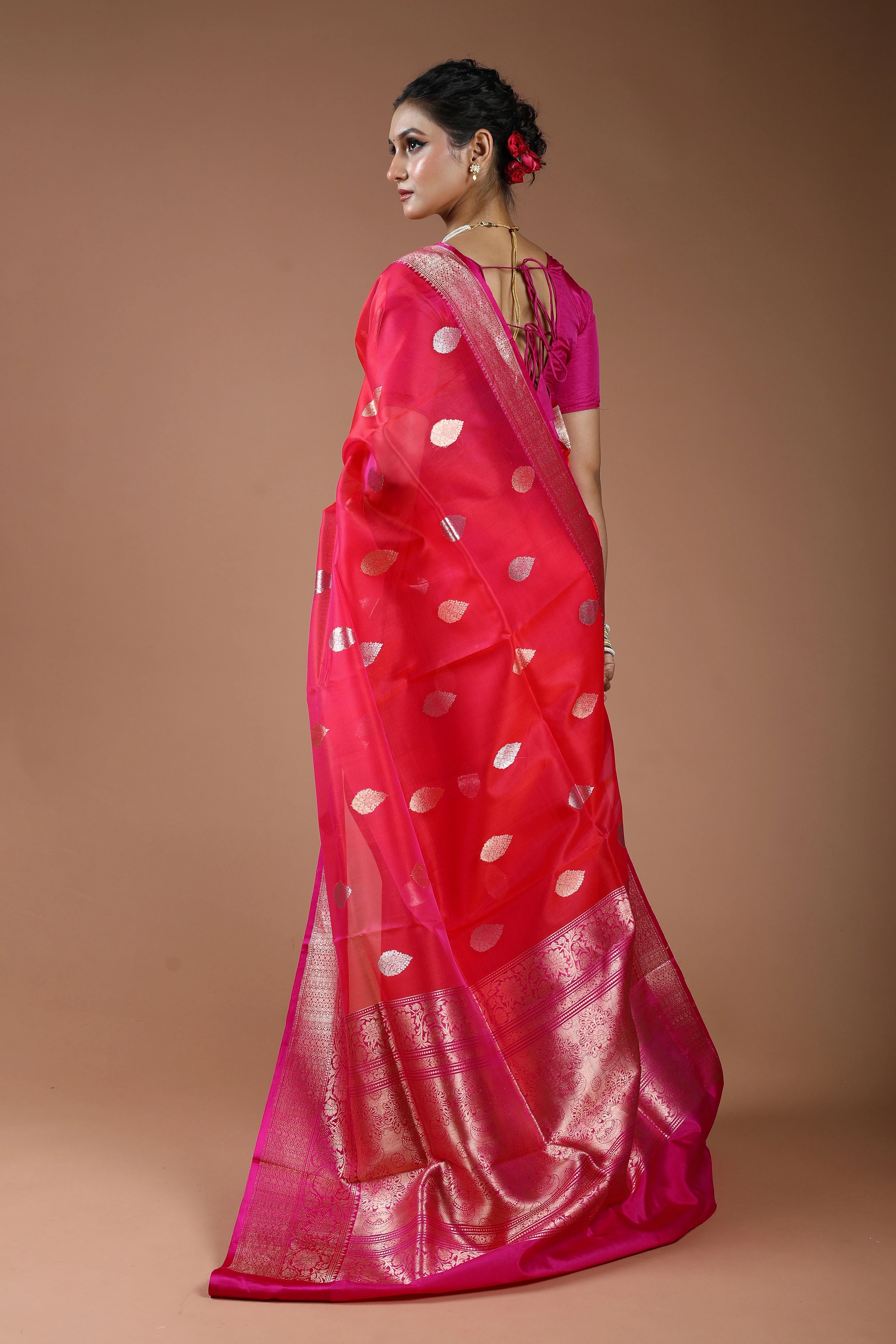 Fuchsia Pink Pure Kora Banarasi With Katan Border Saree With Blouse Piece