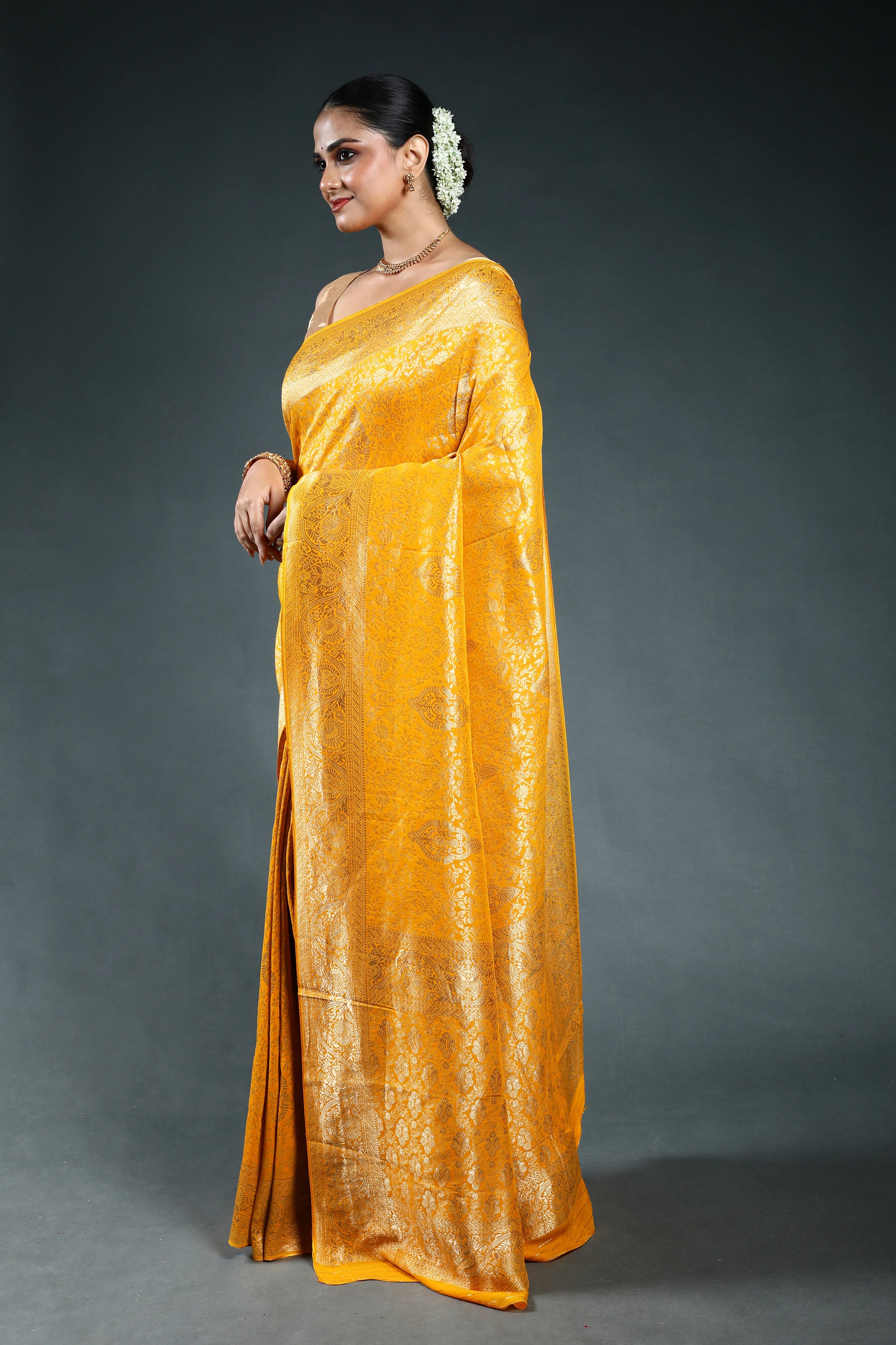 Mango Yellow Semi Georgette Saree with Blouse Piece
