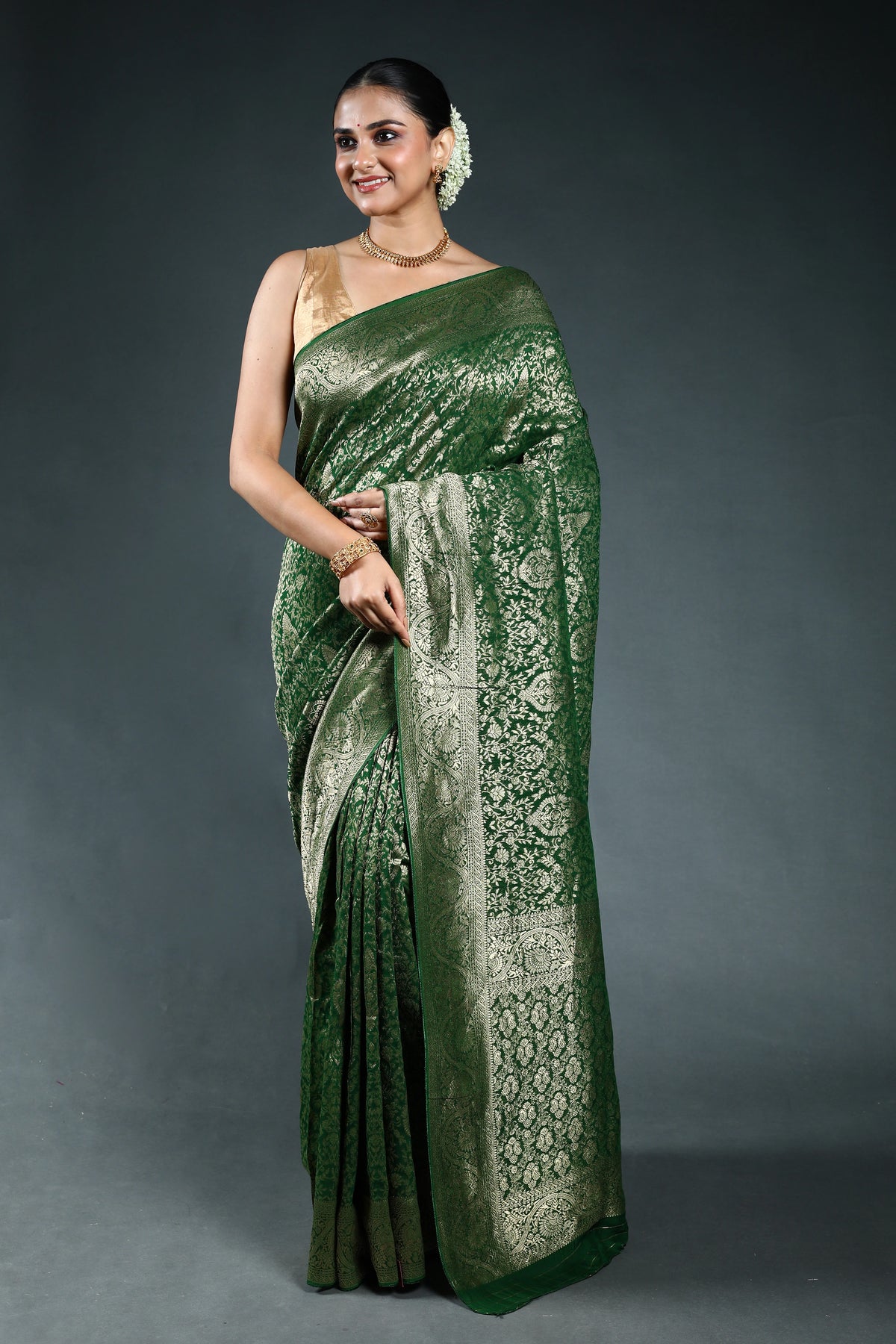 Bottle Green Semi georgette Saree with Blouse Piece