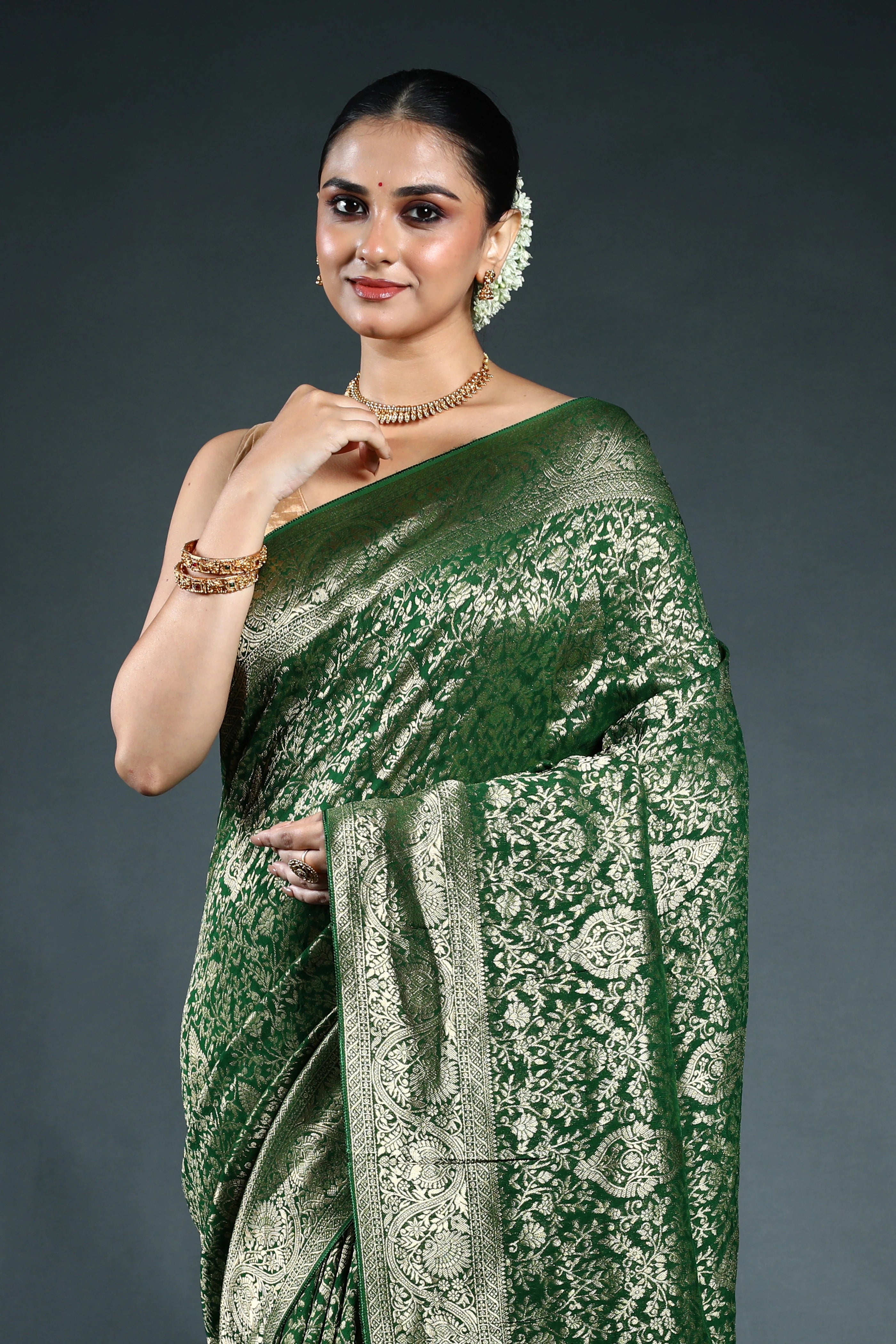 Bottle Green Semi georgette Saree with Blouse Piece
