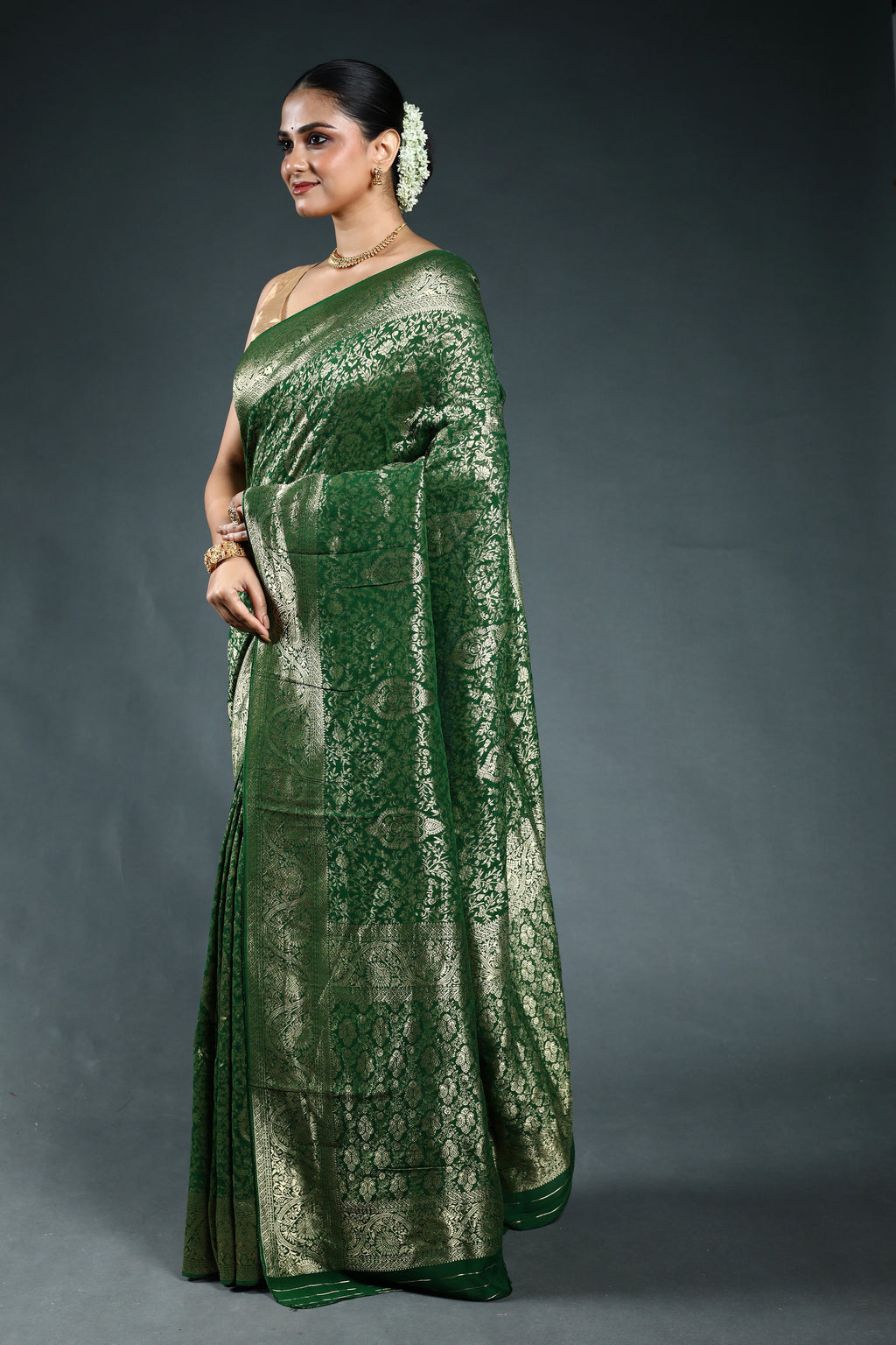 Bottle Green Semi georgette Saree with Blouse Piece