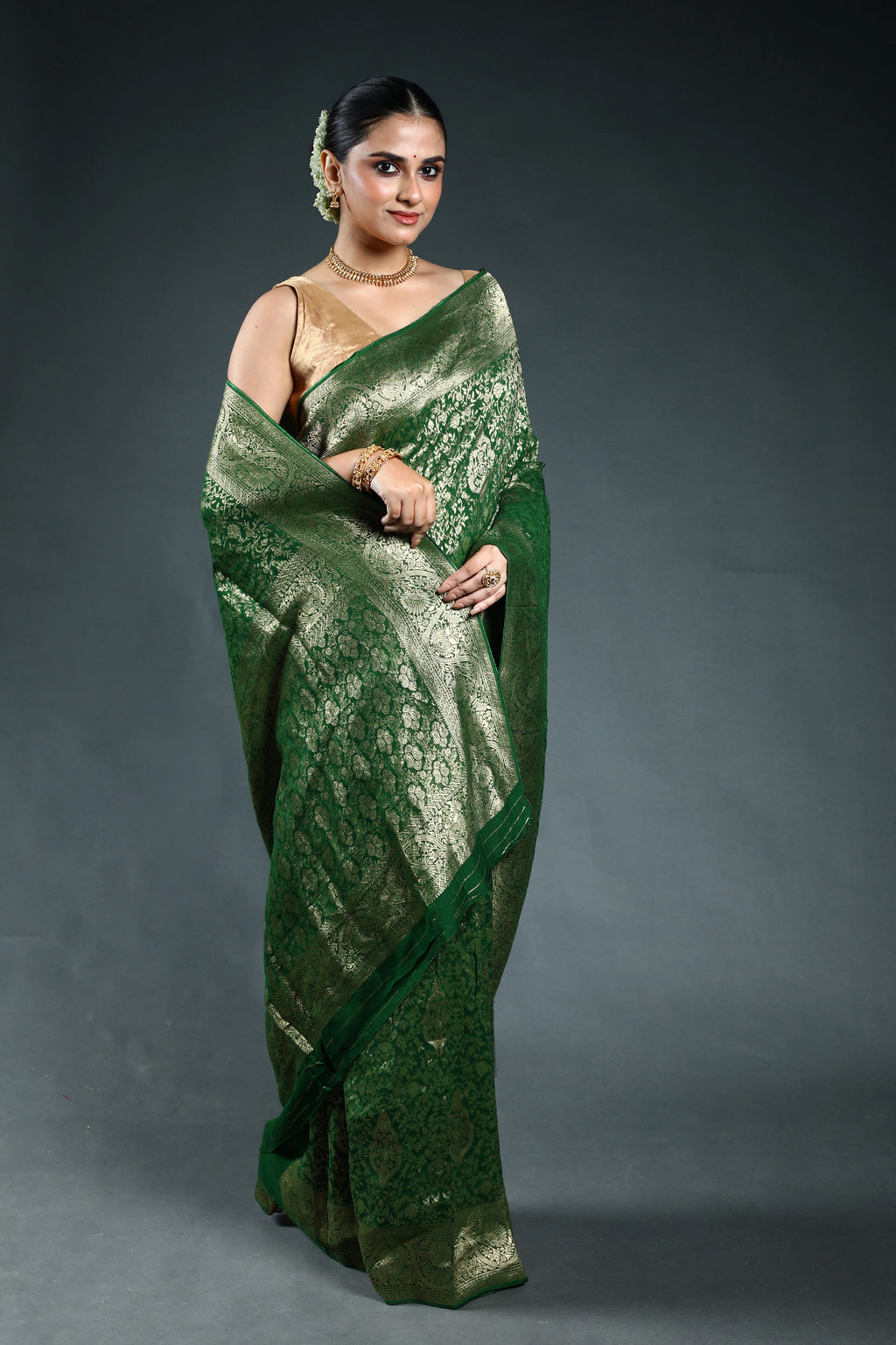 Bottle Green Semi georgette Saree with Blouse Piece