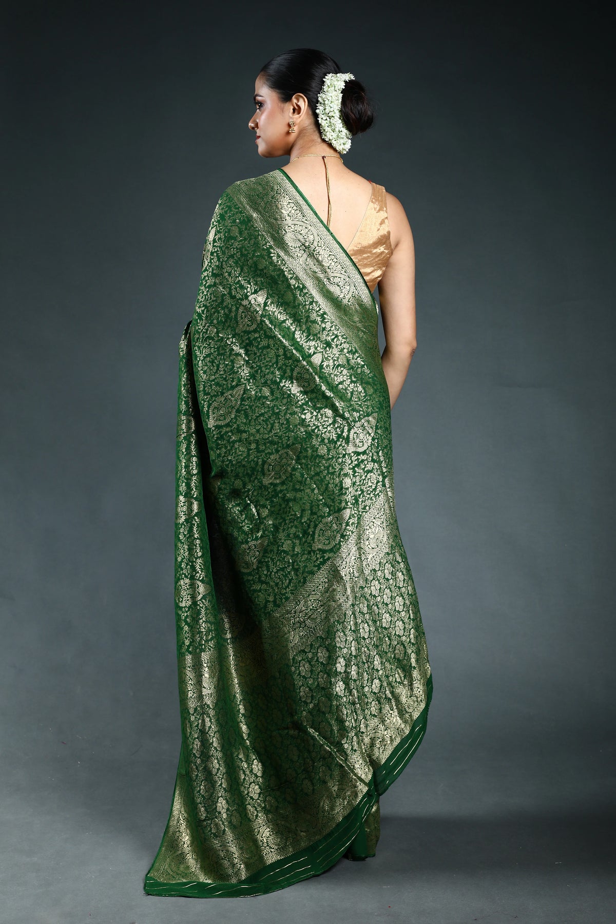 Bottle Green Semi georgette Saree with Blouse Piece