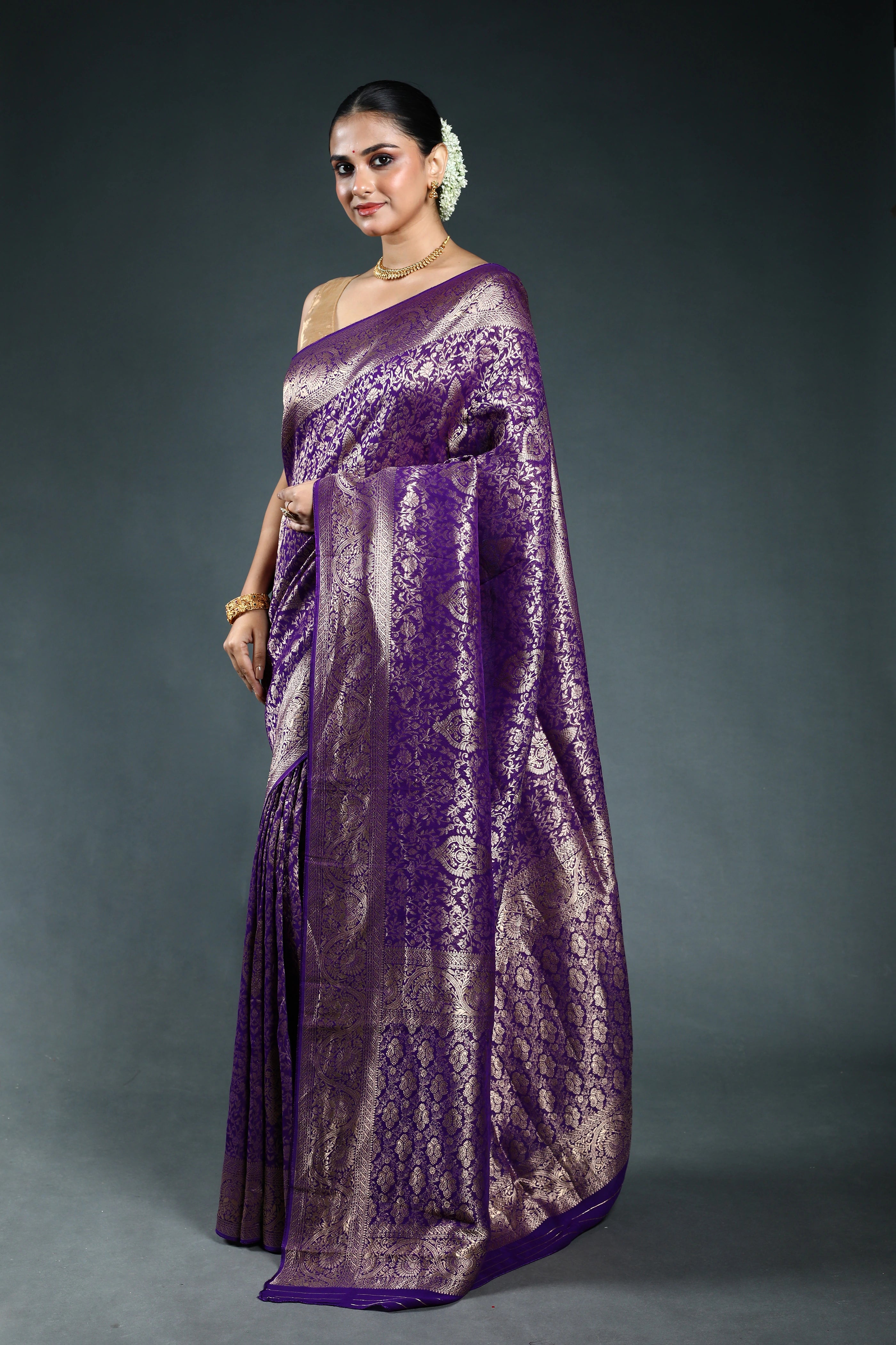 Purple Semi Georgette Saree with Blouse Piece