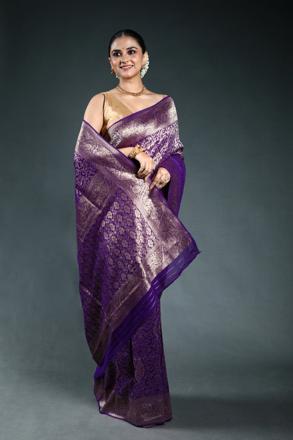 Purple Semi Georgette Saree with Blouse Piece