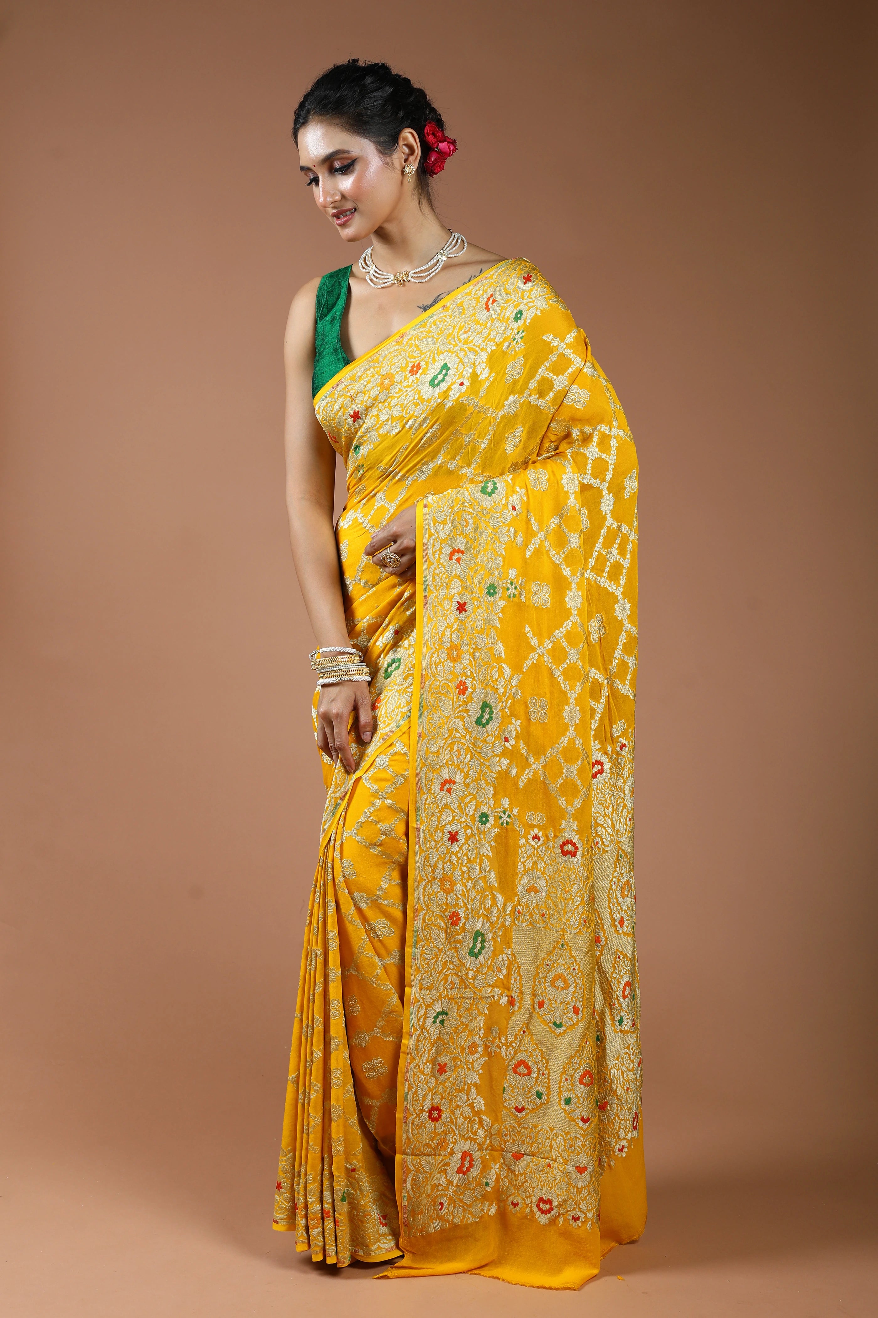 Yellow Pure Georgette Saree With Blouse Piece