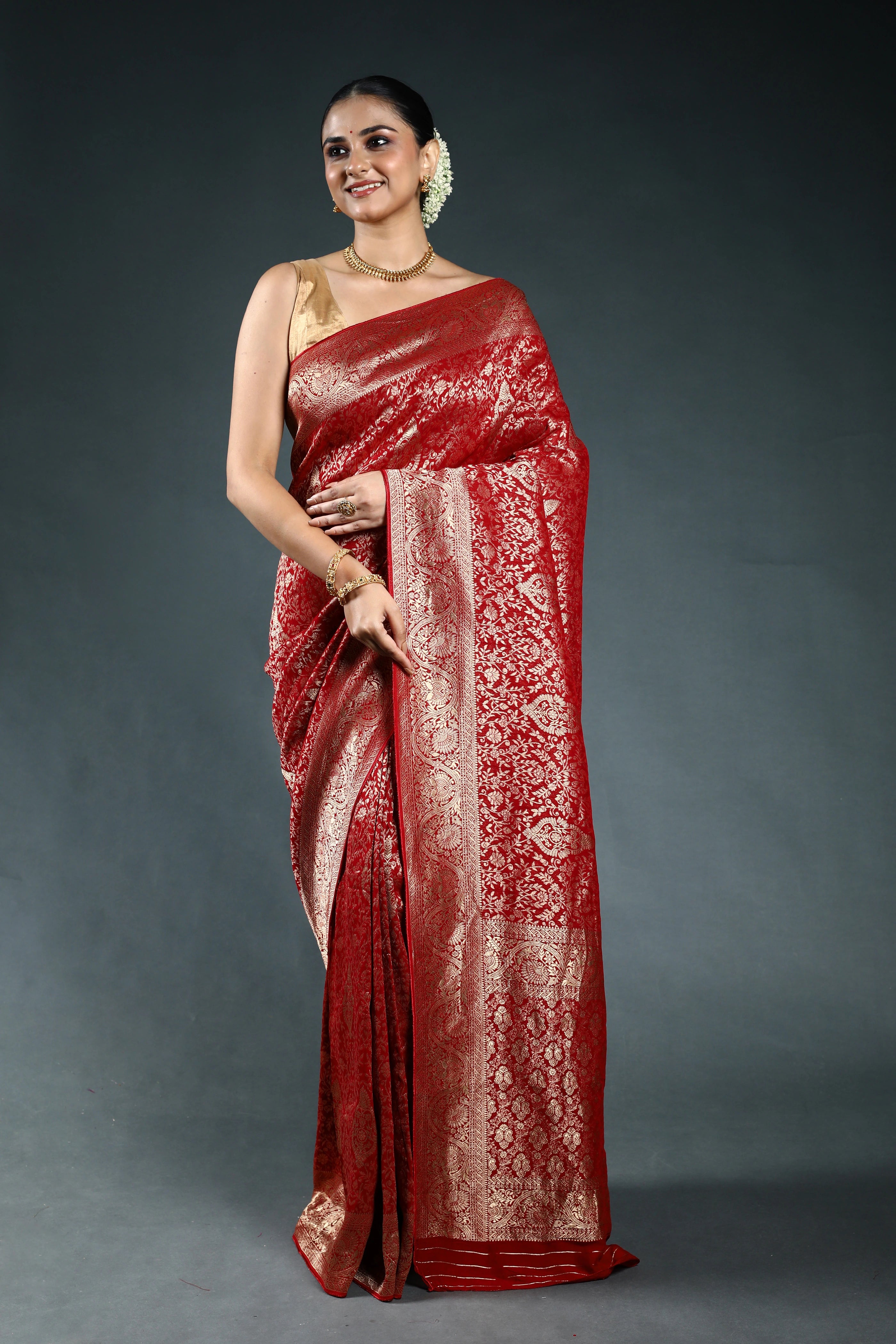 Red Semi Georgette Saree with Blouse Piece