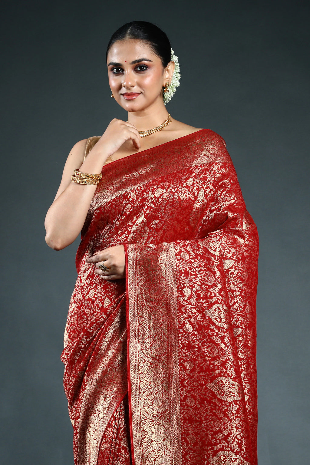 Red Semi Georgette Saree with Blouse Piece