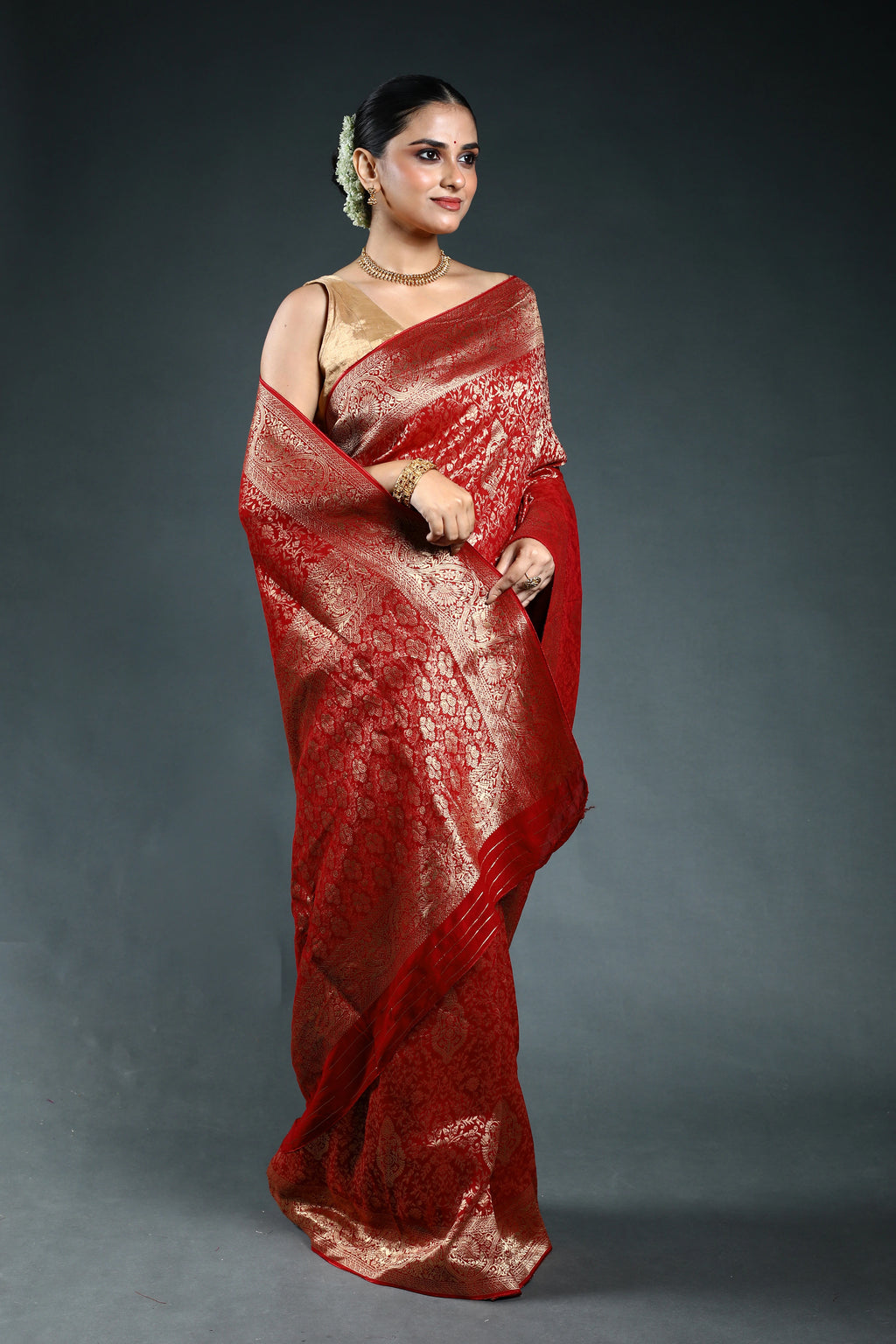 Red Semi Georgette Saree with Blouse Piece