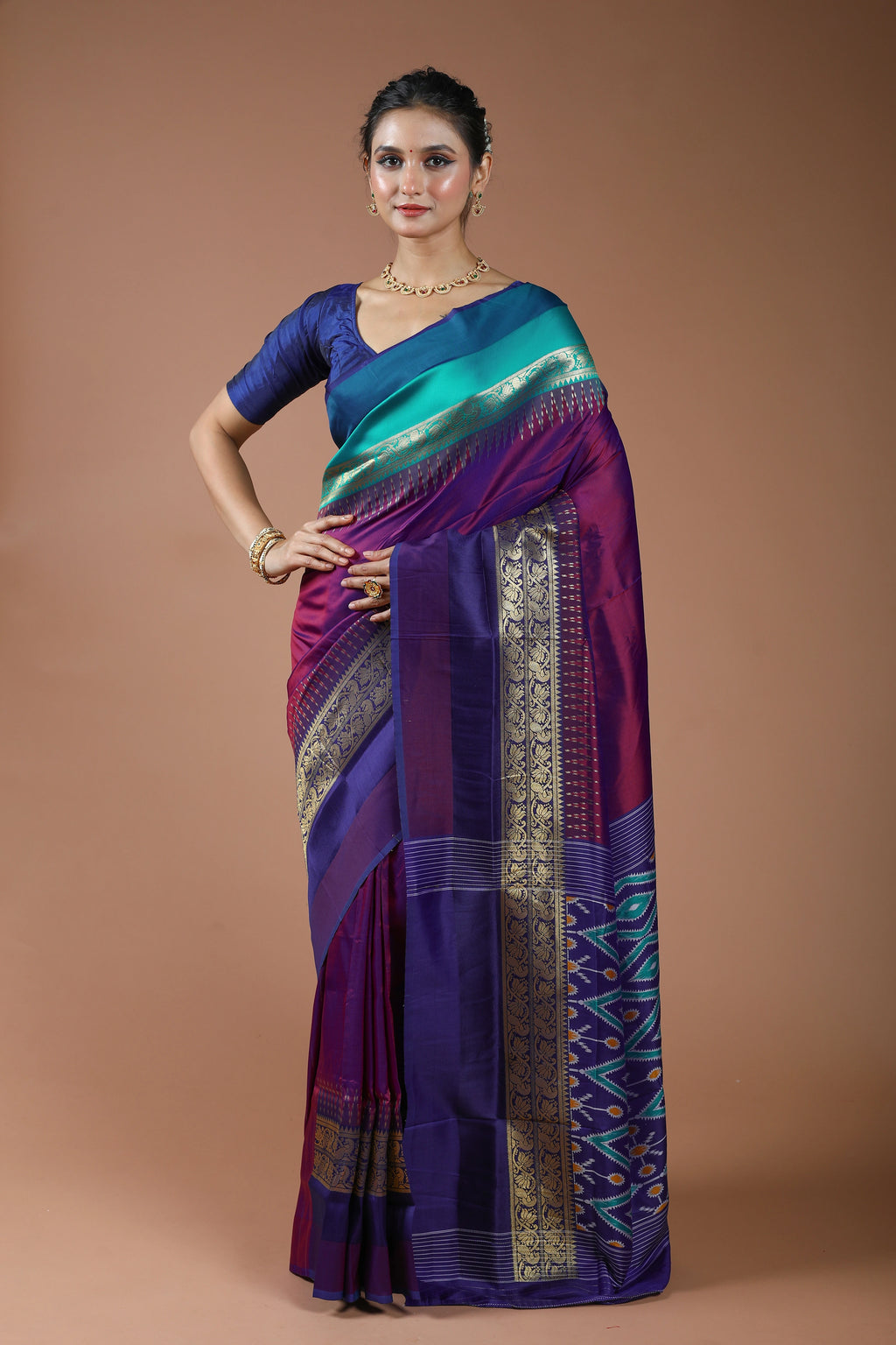 Purple Dual Tone Semi Pochampally Saree With Blouse Piece