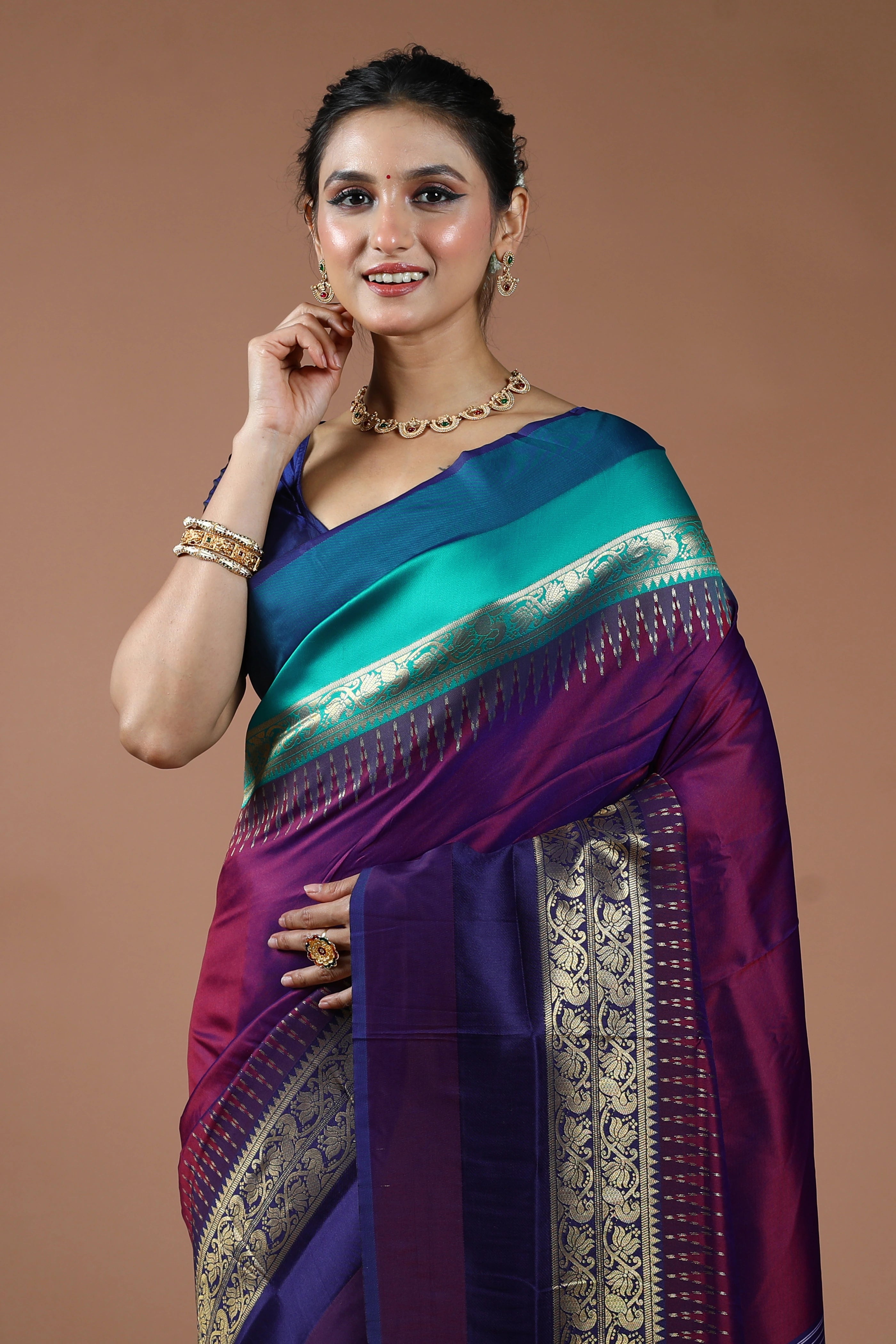 Purple Dual Tone Semi Pochampally Saree With Blouse Piece
