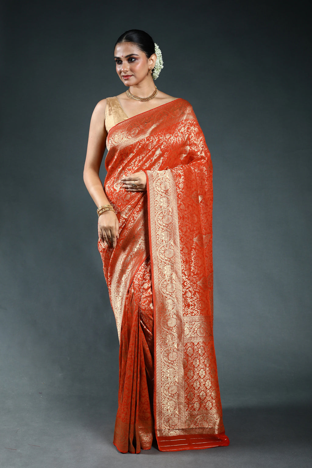 Rust Orange Semi Georgette Saree with Blouse Piece