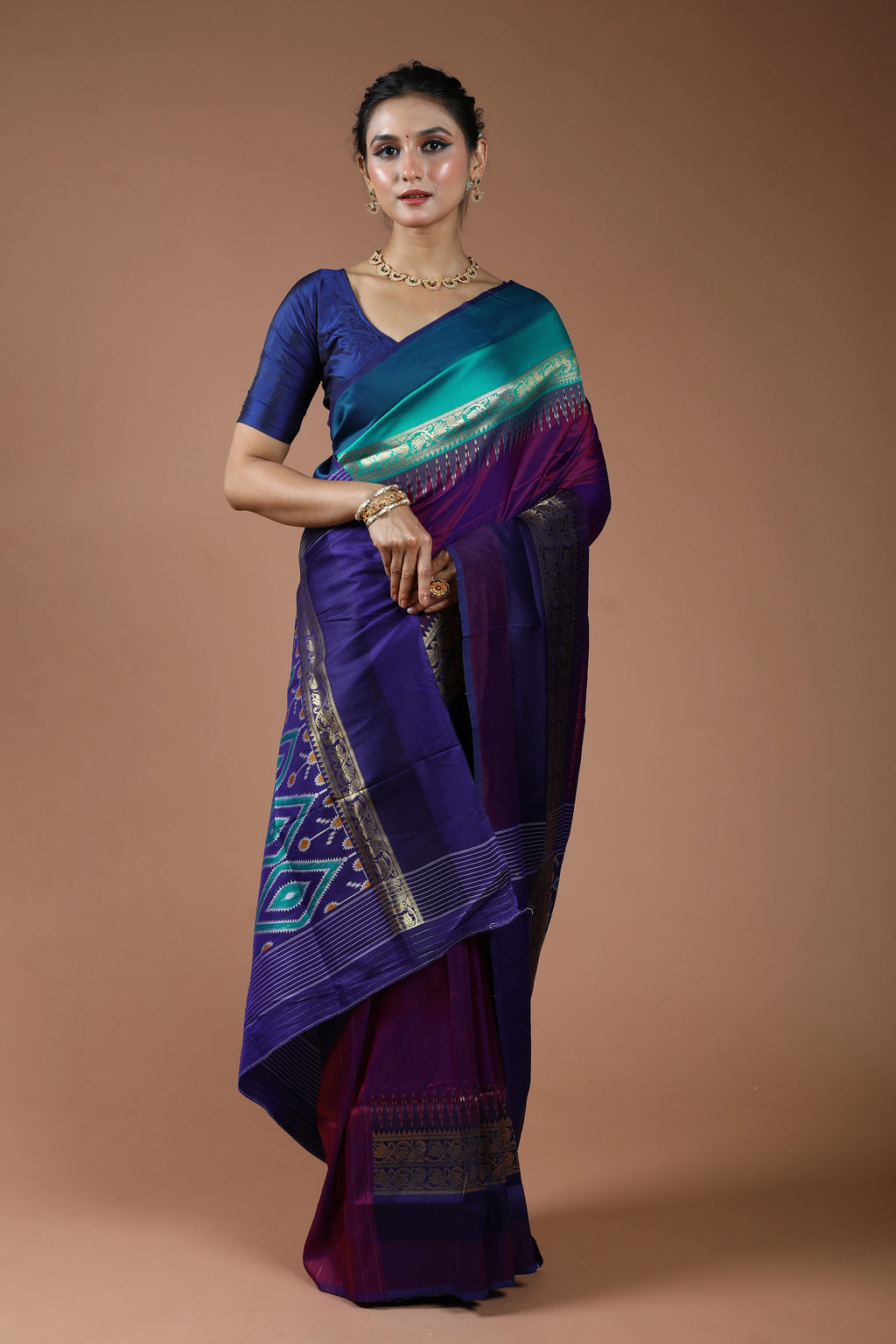 Purple Dual Tone Semi Pochampally Saree With Blouse Piece