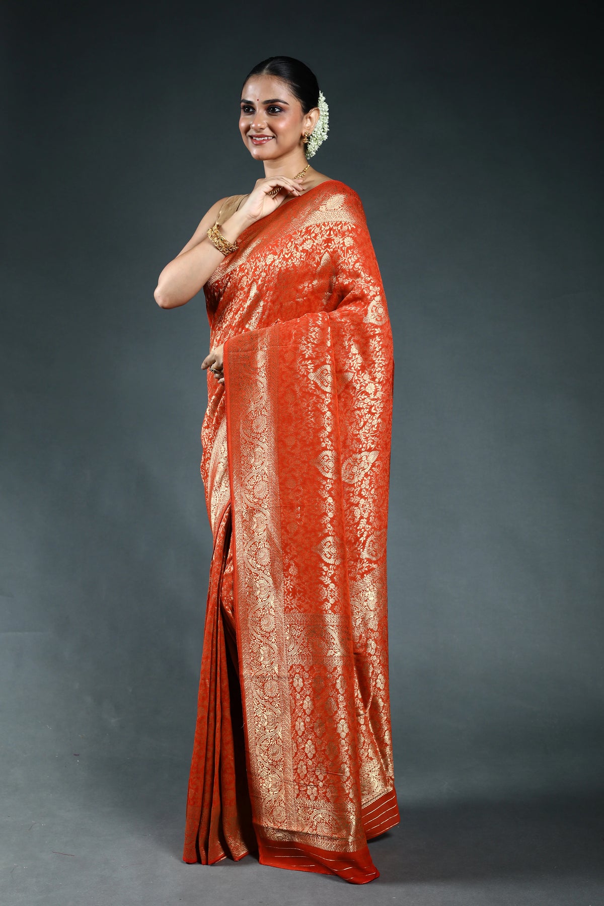 Rust Orange Semi Georgette Saree with Blouse Piece