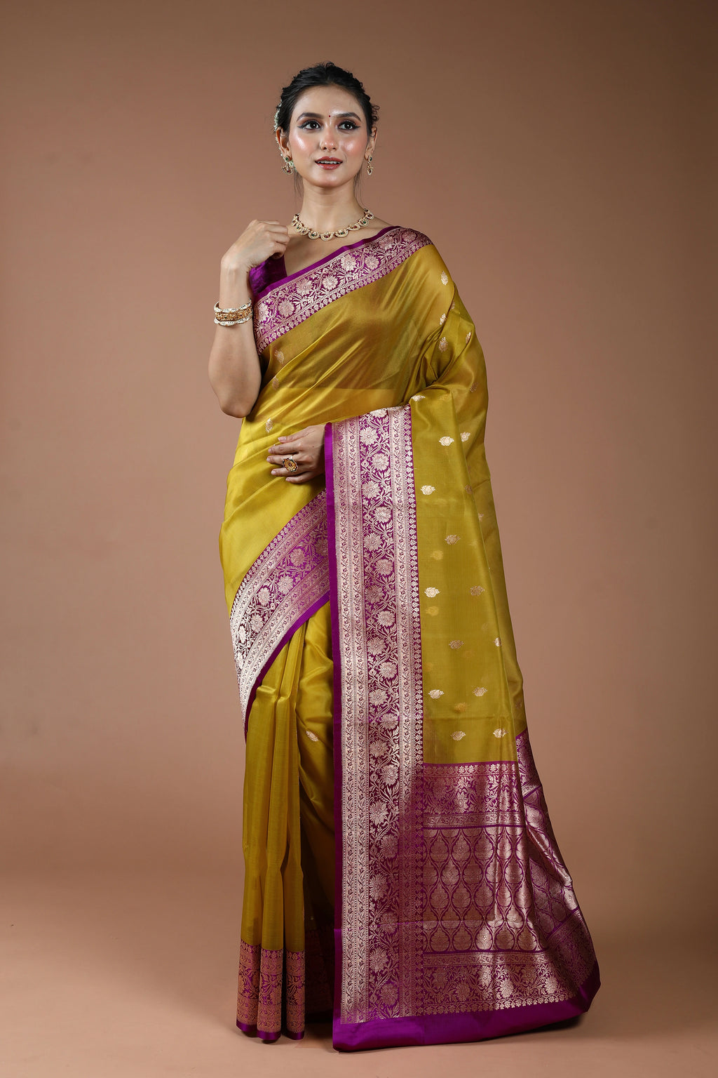 Metalic Golden Pure Kora Banarasi With Katan Border Saree With Blouse Piece
