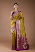 Metalic Golden Pure Kora Banarasi With Katan Border Saree With Blouse Piece