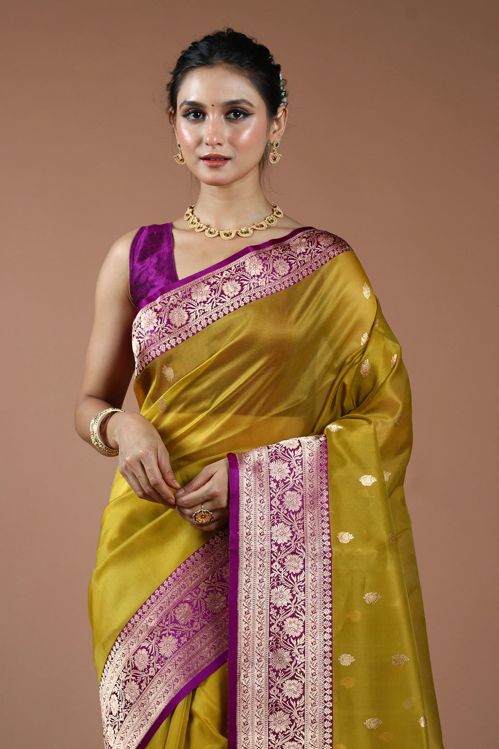 Metalic Golden Pure Kora Banarasi With Katan Border Saree With Blouse Piece