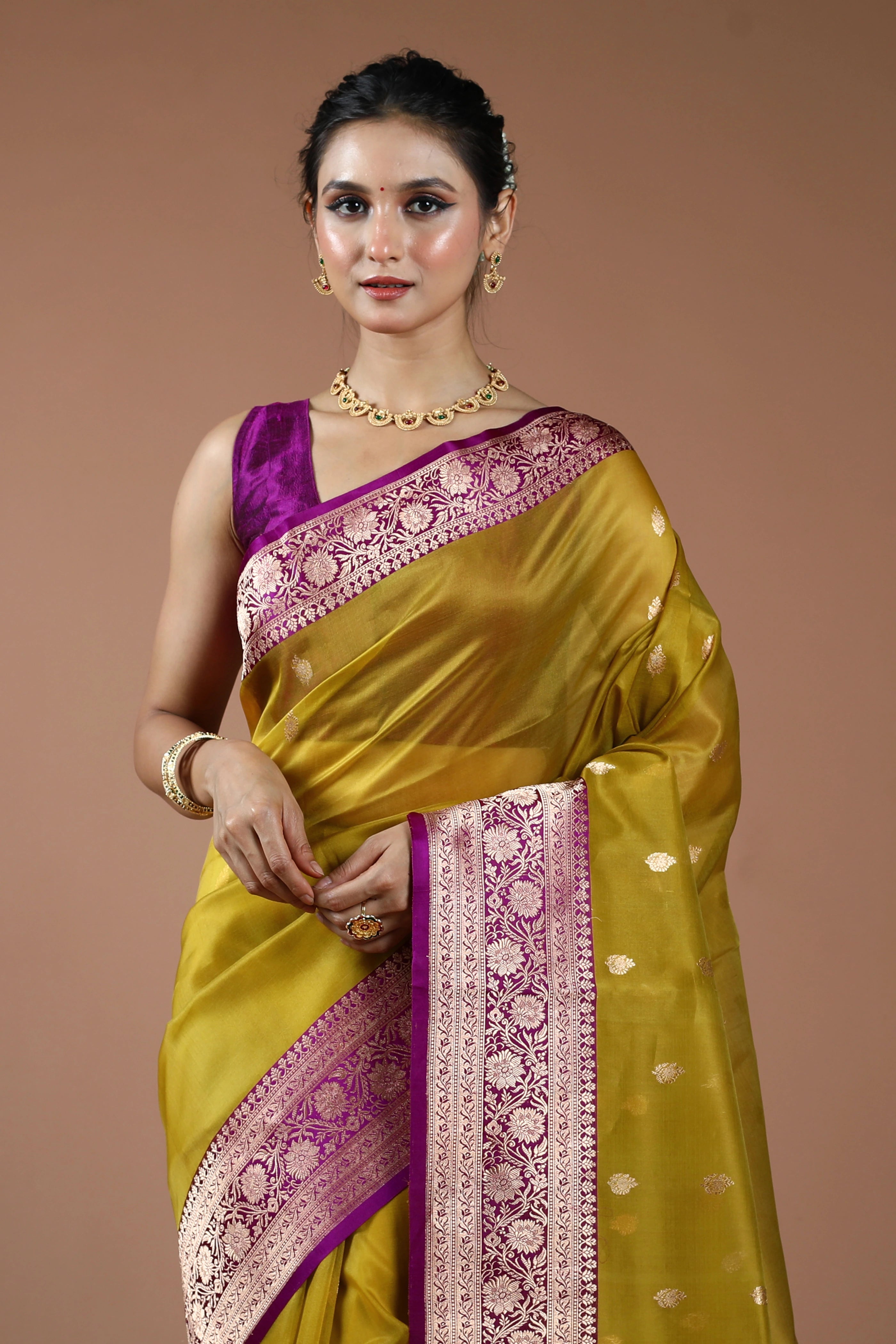 Metalic Golden Pure Kora Banarasi With Katan Border Saree With Blouse Piece