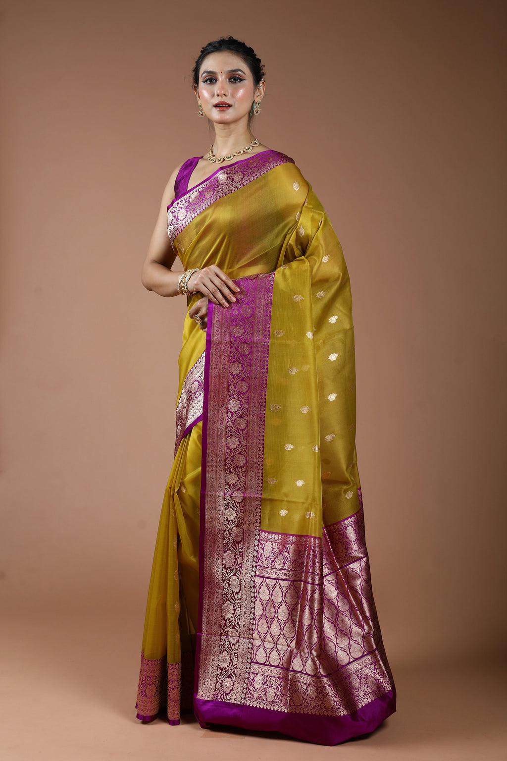 Metalic Golden Pure Kora Banarasi With Katan Border Saree With Blouse Piece