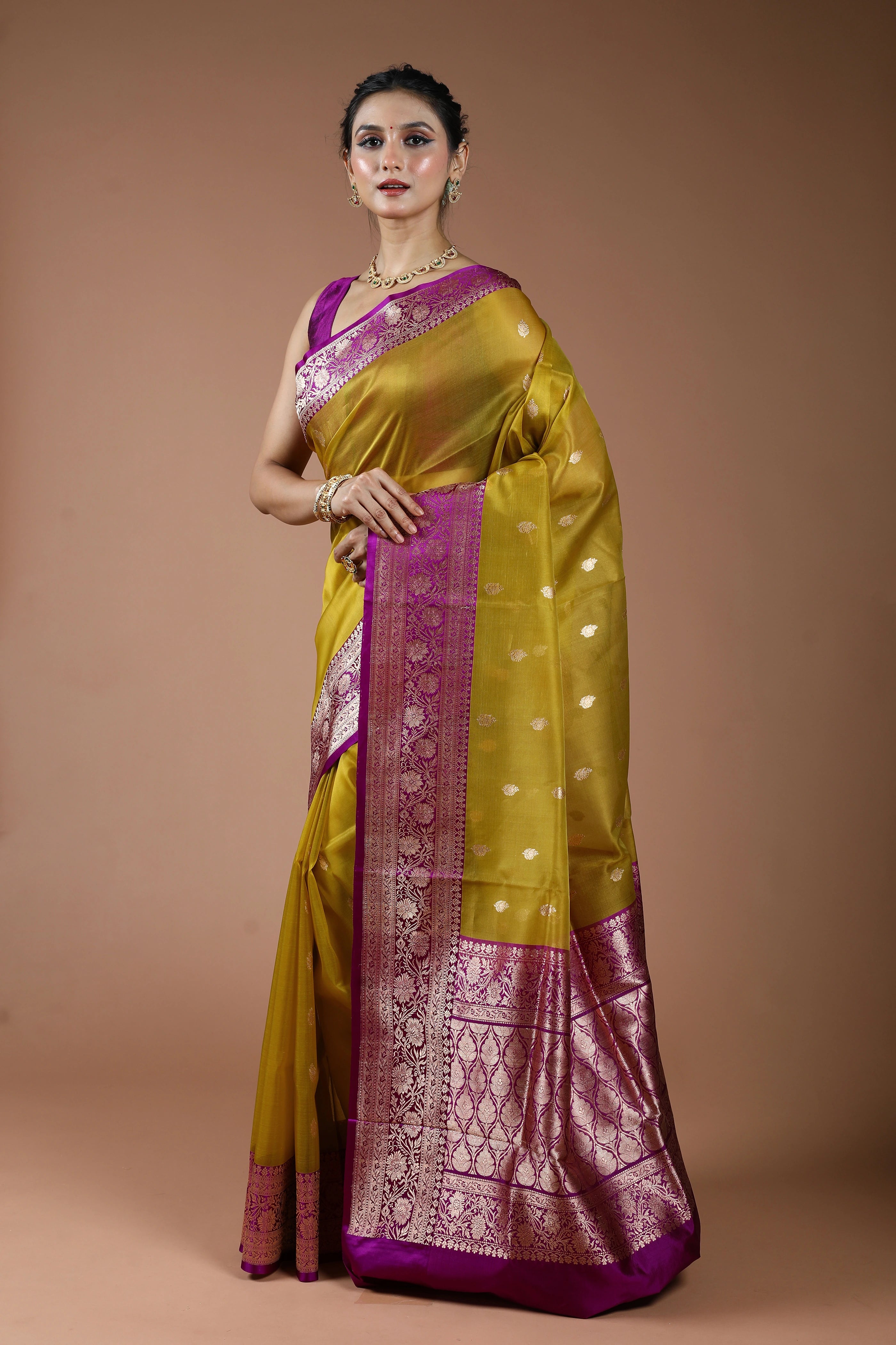 Metalic Golden Pure Kora Banarasi With Katan Border Saree With Blouse Piece