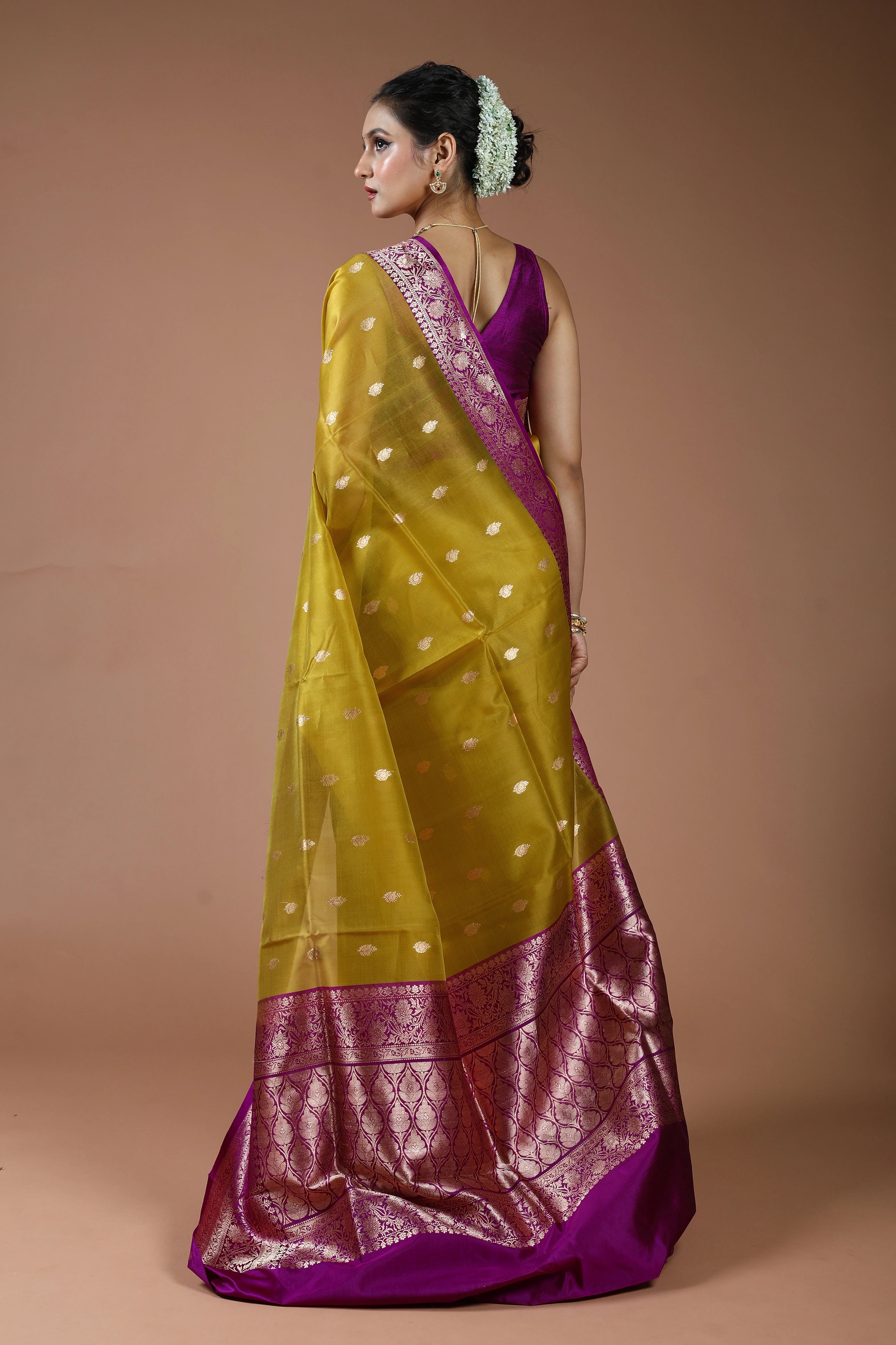 Metalic Golden Pure Kora Banarasi With Katan Border Saree With Blouse Piece