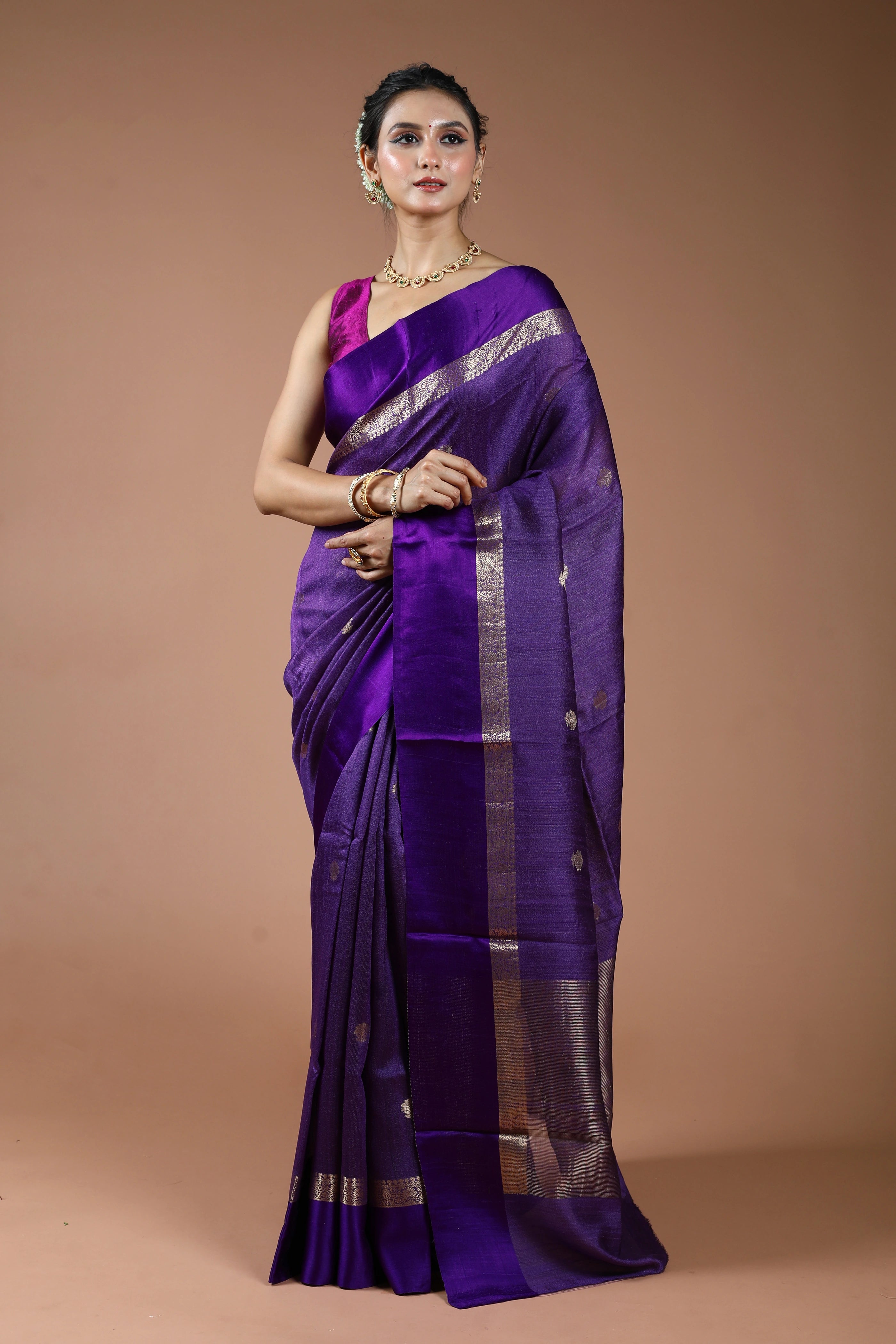 Purple Pure Tussar With Satin Border Saree With Blouse Piece