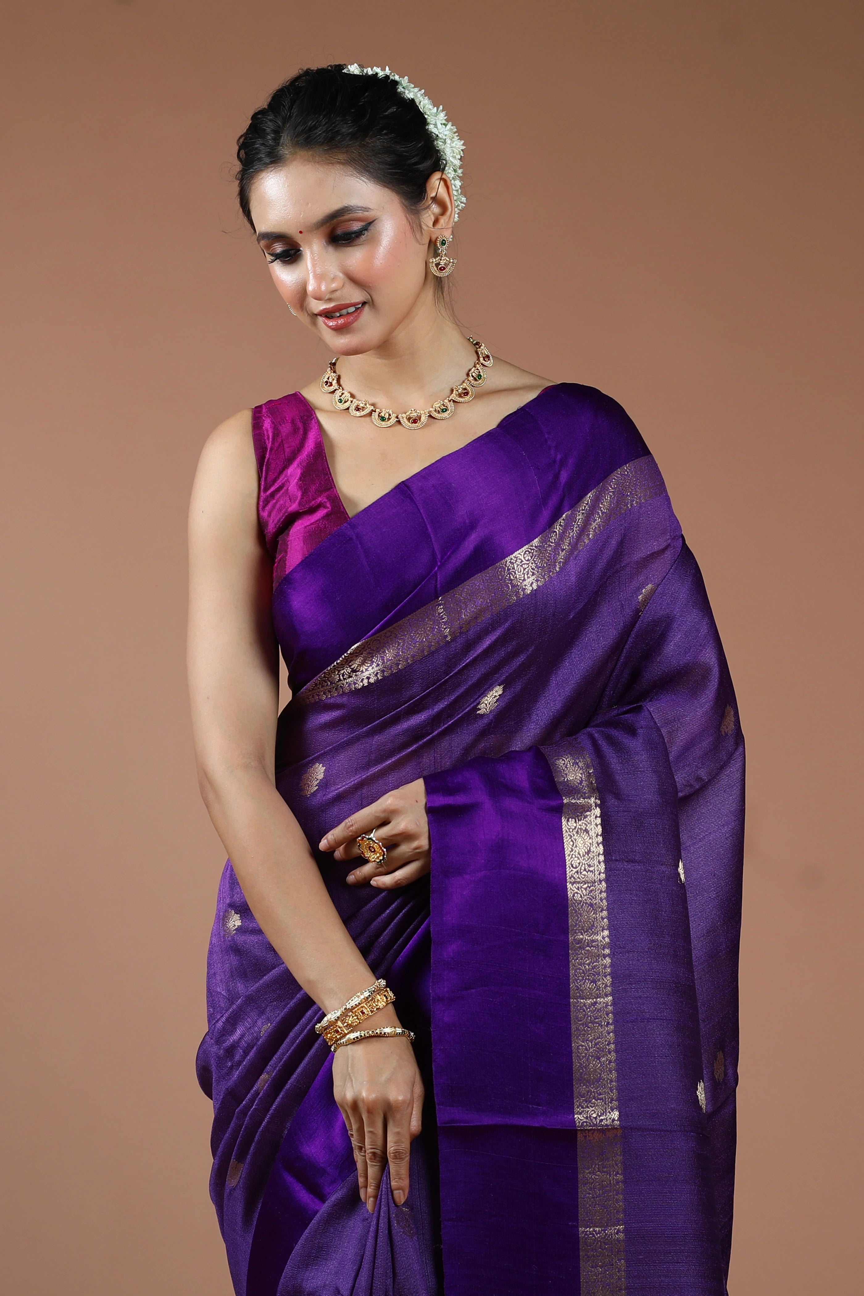 Purple Pure Tussar With Satin Border Saree With Blouse Piece