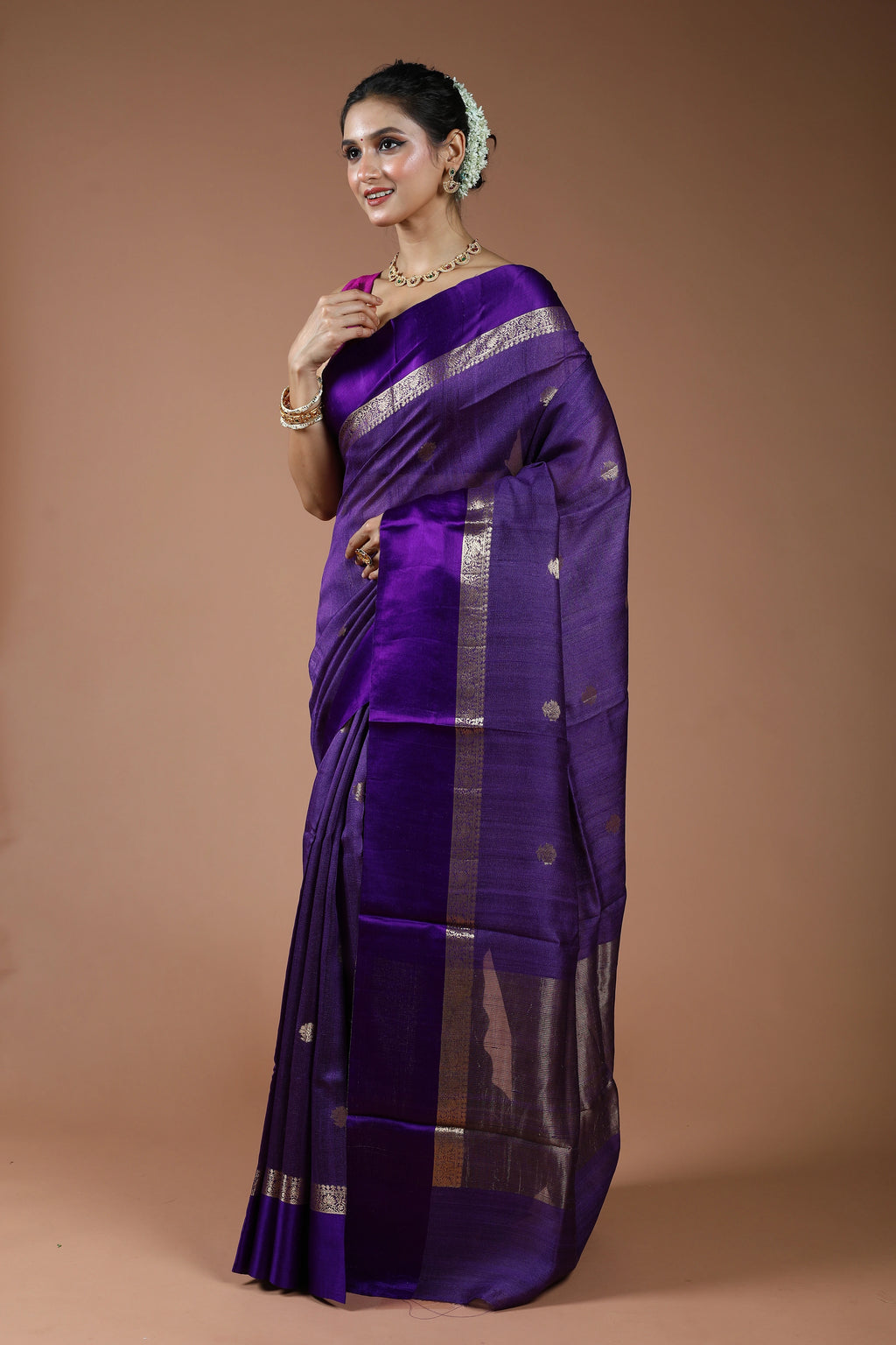 Purple Pure Tussar With Satin Border Saree With Blouse Piece