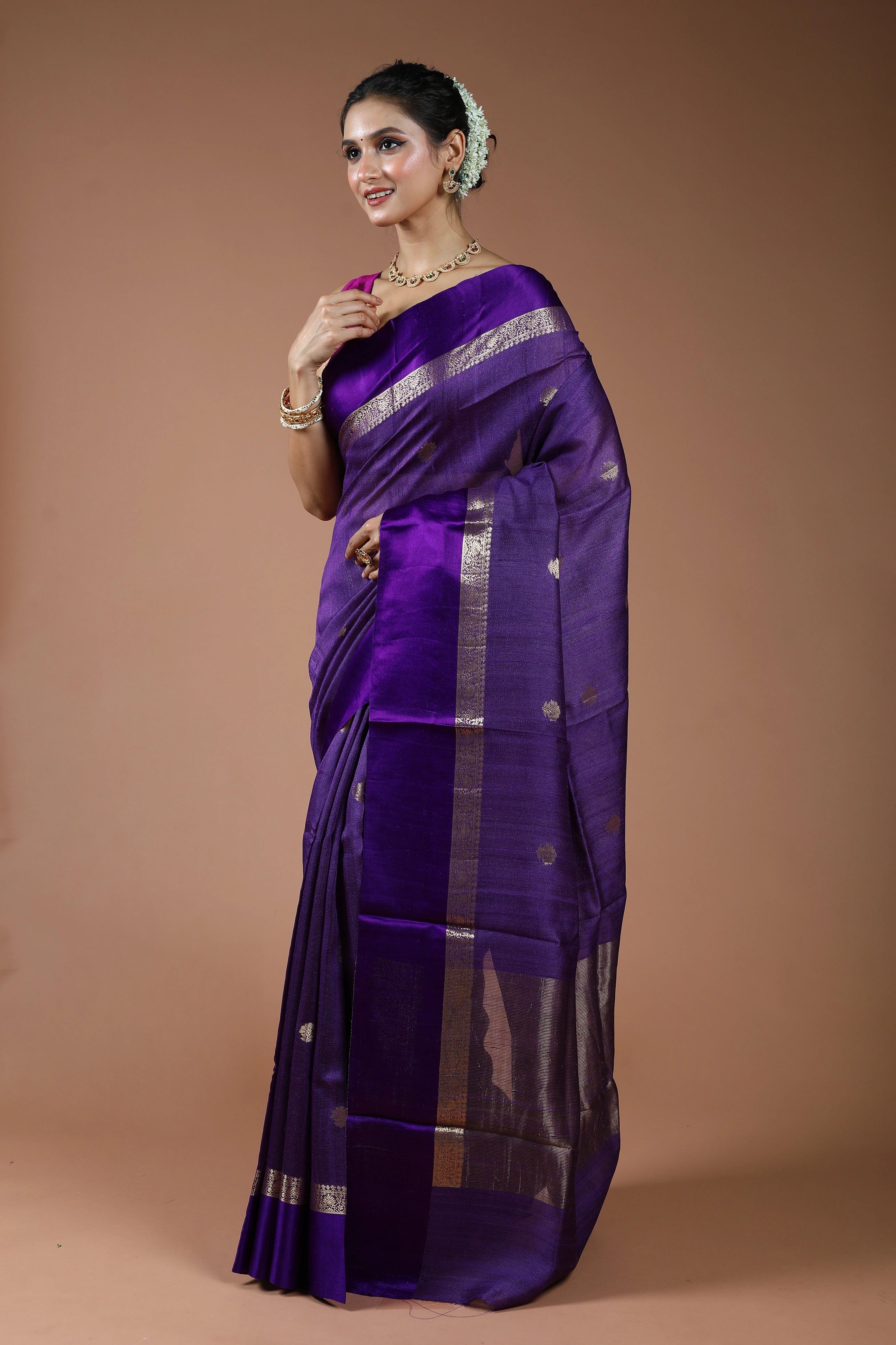 Purple Pure Tussar With Satin Border Saree With Blouse Piece