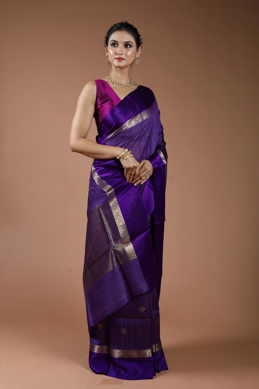 Purple Pure Tussar With Satin Border Saree With Blouse Piece