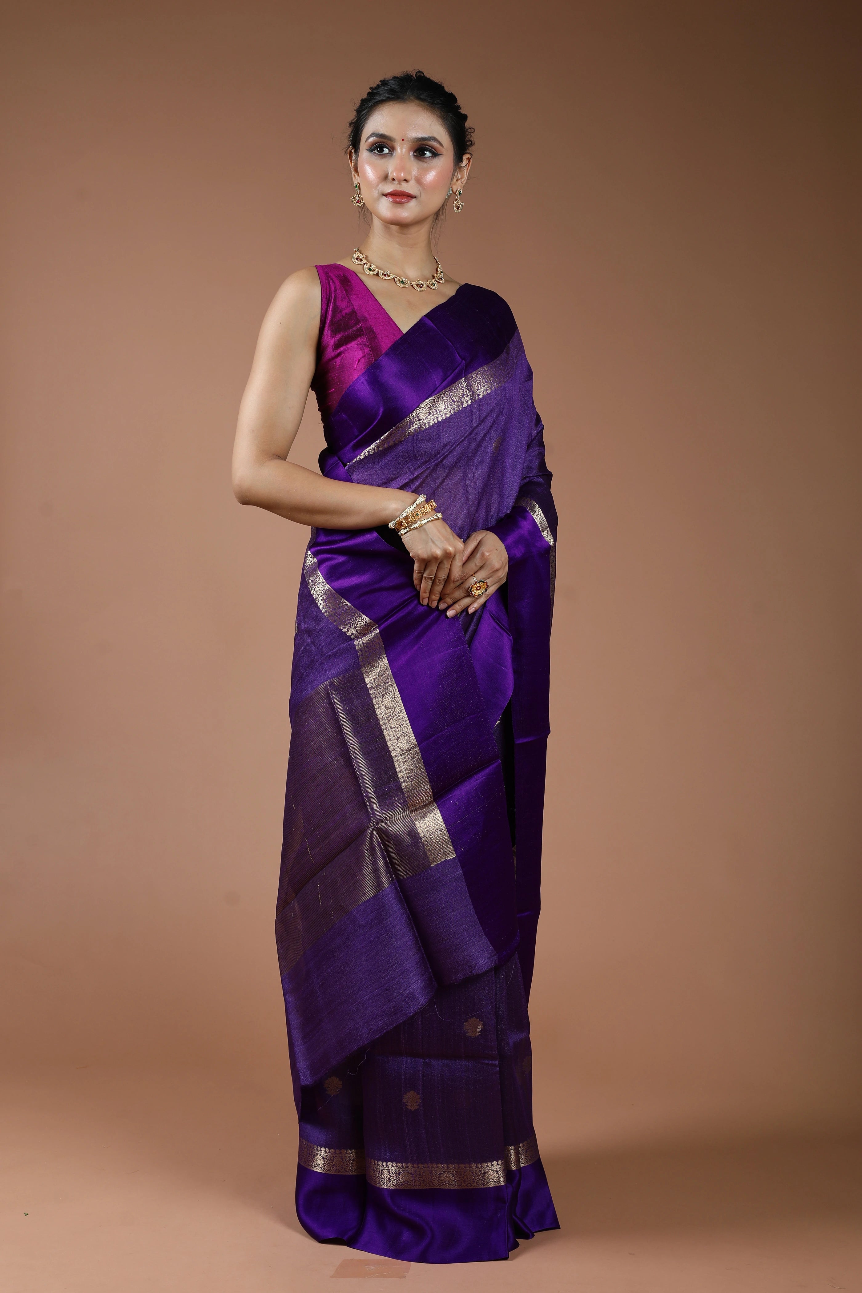 Purple Pure Tussar With Satin Border Saree With Blouse Piece