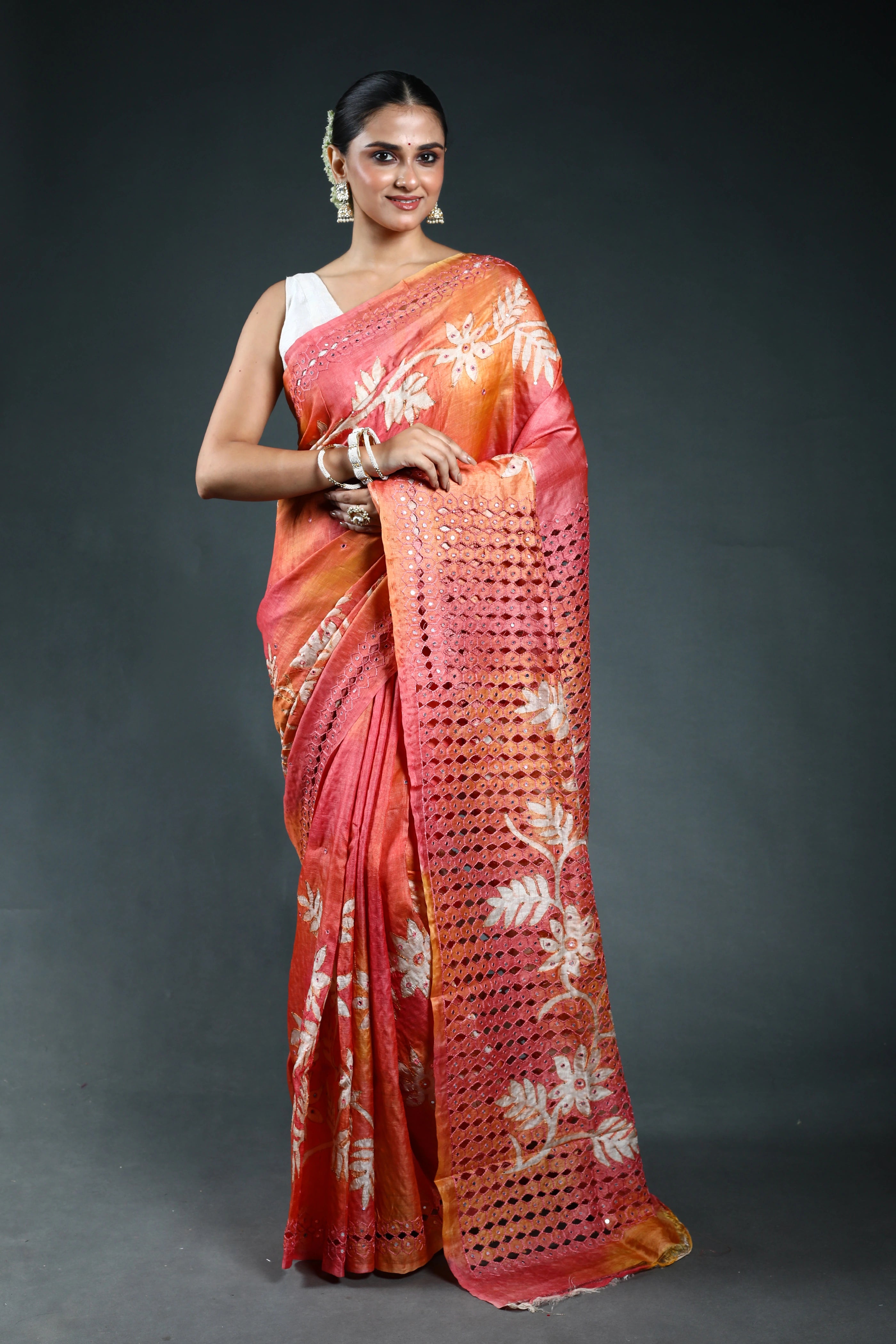 Peach Pink Tussar cutwork Saree with Blouse Piece