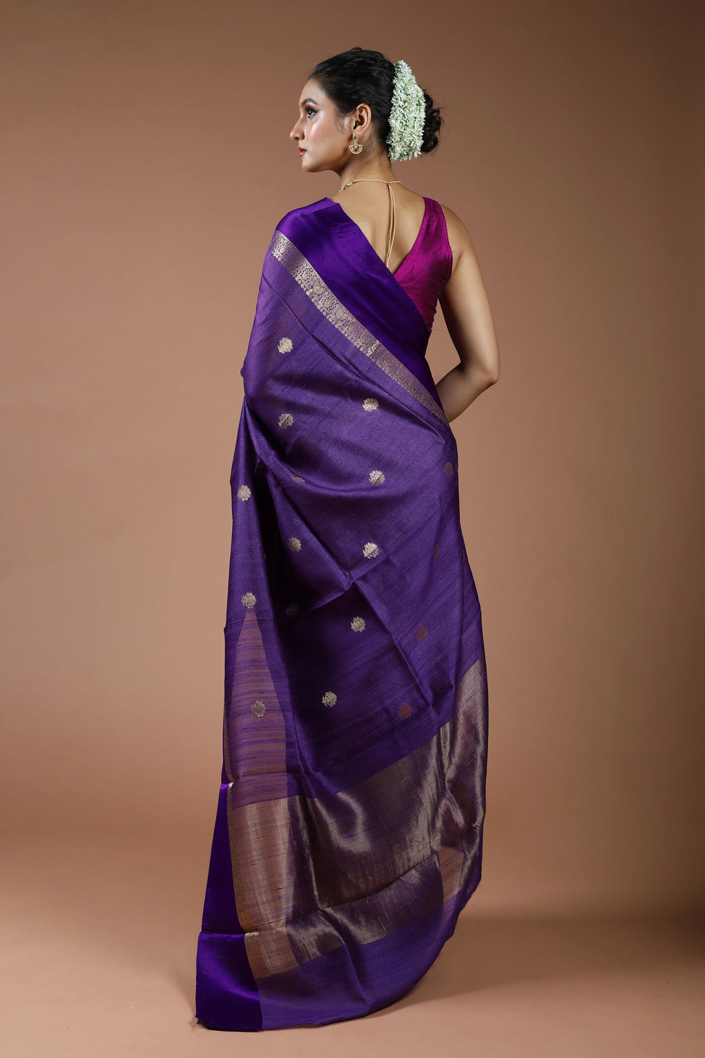 Purple Pure Tussar With Satin Border Saree With Blouse Piece