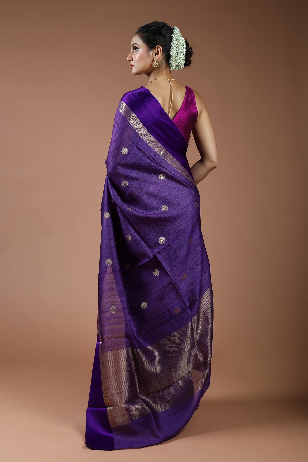 Purple Pure Tussar With Satin Border Saree With Blouse Piece