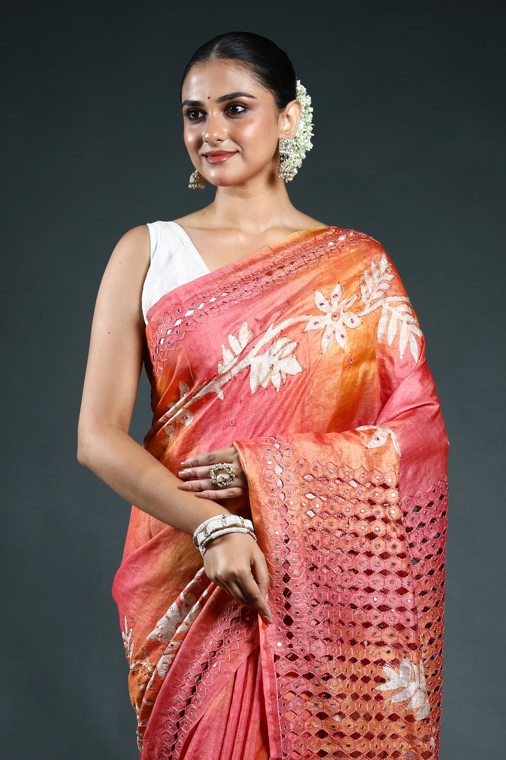Peach Pink Tussar cutwork Saree with Blouse Piece