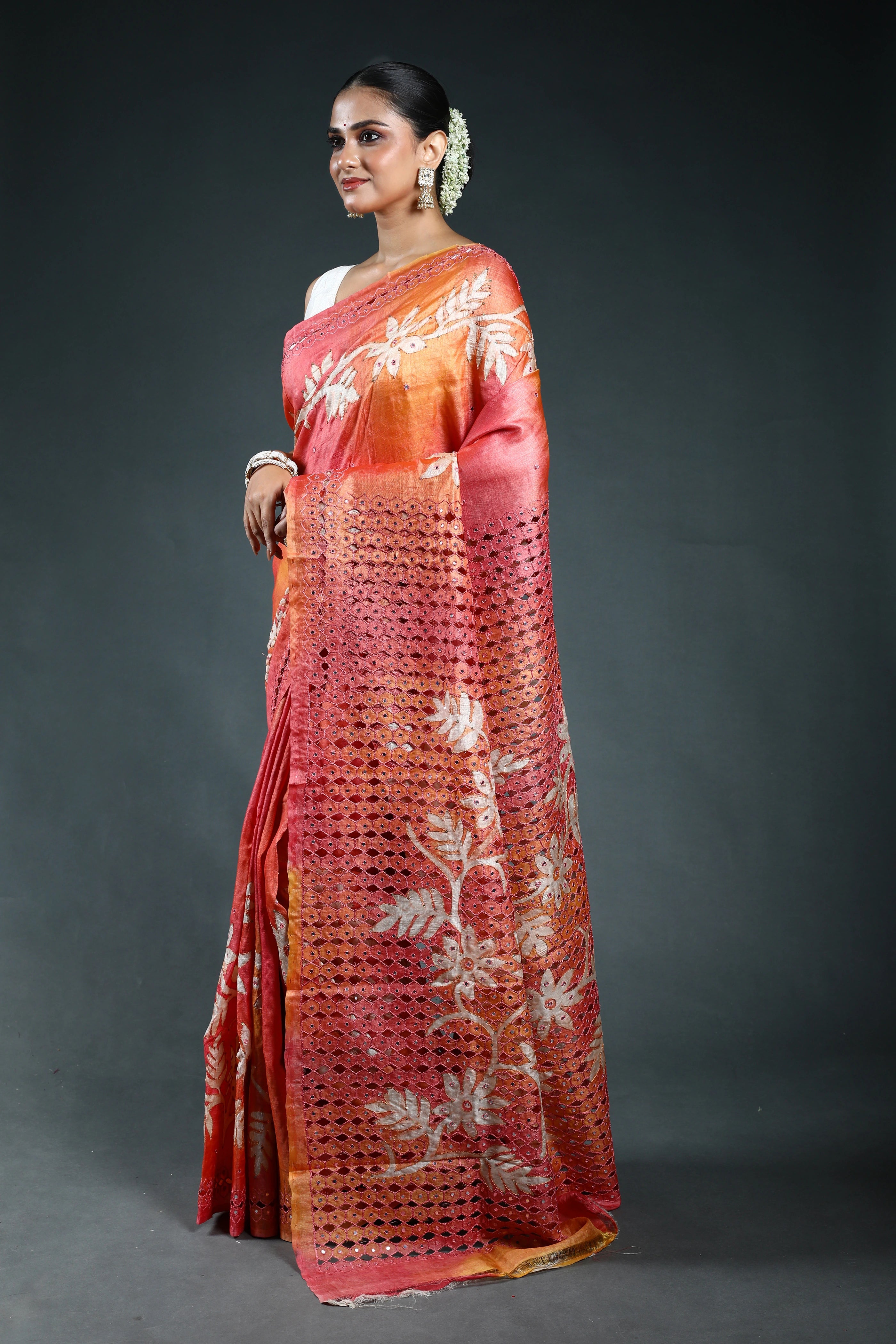 Peach Pink Tussar cutwork Saree with Blouse Piece