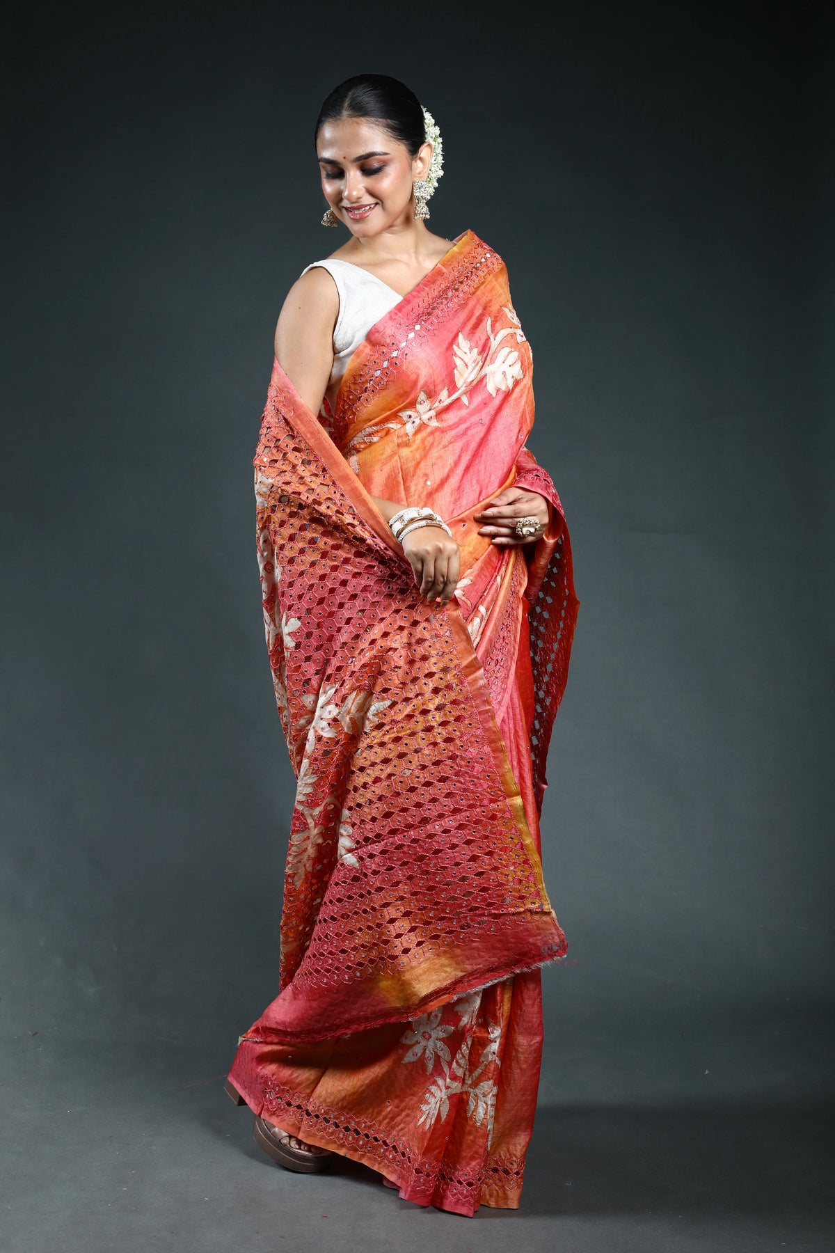 Peach Pink Tussar cutwork Saree with Blouse Piece